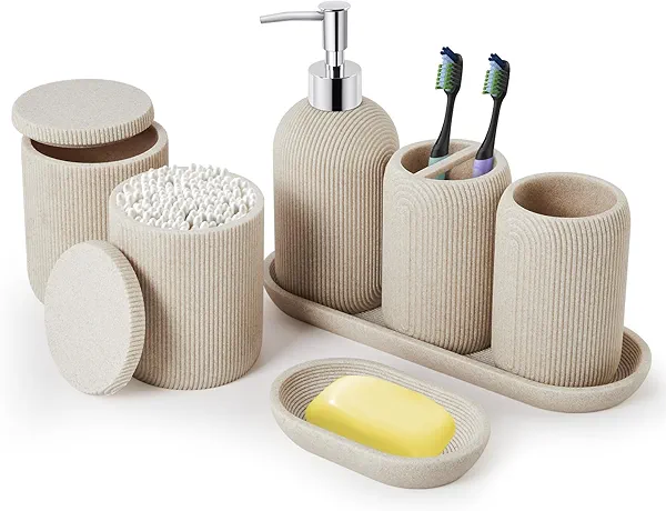 Z ZONAMA Bathroom Accessories Set - 7-Piece Resin Bathroom Set, Toothbrush Holders Set, Soap Dispenser, Qtip Holder Dispenser, Tumbler, Soap Dish & Tray, Modern Bath Decor for Home Dorm Hotel (Beige)