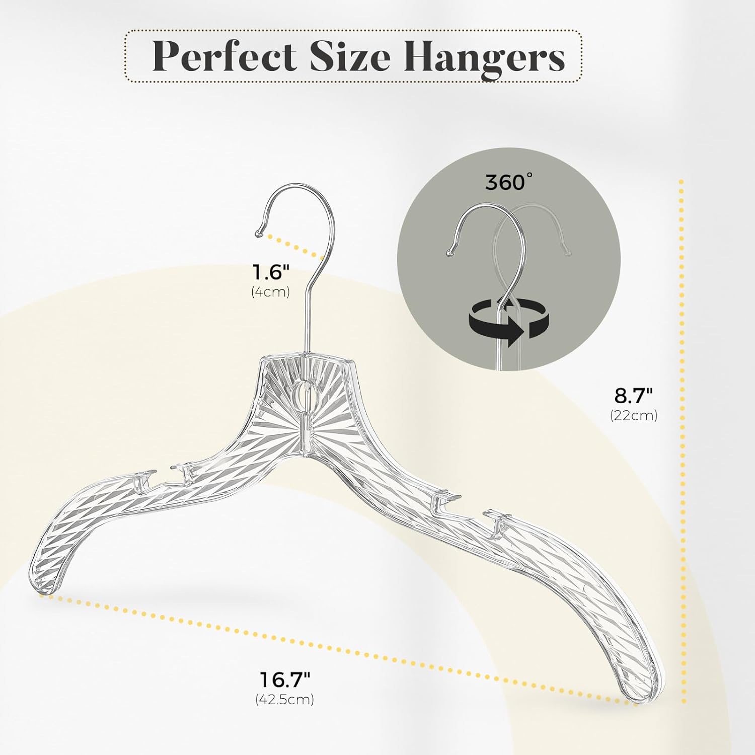 HOUSE DAY Clear Plastic Hangers 12 Pack, Durable Crystal Hangers for Clothes, Light Weight Plastic Dress Hanger for Women, Versatile 16.7‘’ Hanger for Closet and Retail Use, with 360° Swivel Hook - Image 9