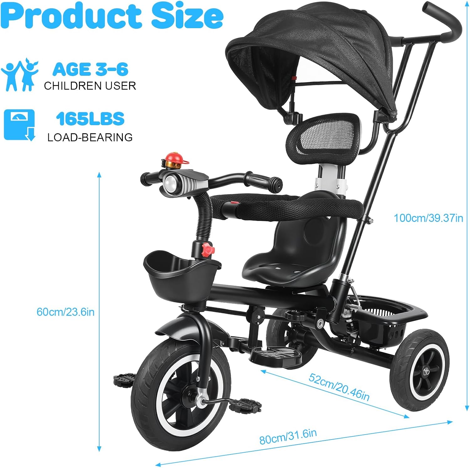 Kids Tricycle, 6 in 1 Toddler Trike w/Adjustable Push Handle, Removable Canopy, Safety Harness, Music Headlight, Storage Basket, Kid Push Bike for 3-6 Years Old (Black)