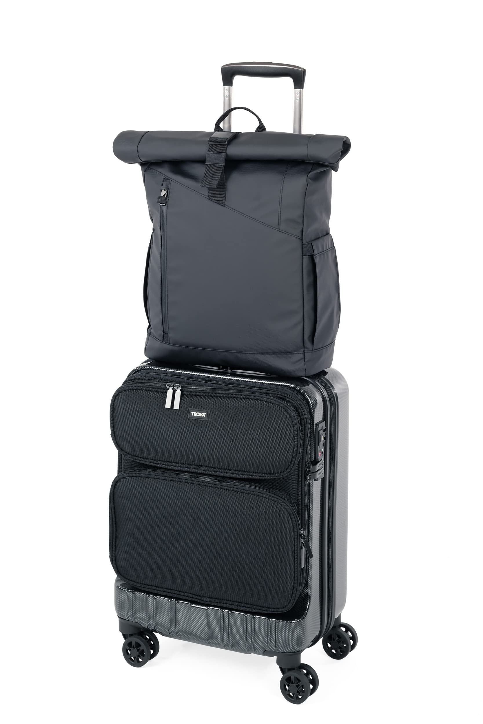 TROIKA Black Roll Top - BBL51/BK - Roll Top Rucksack mit magnetischem Sicherungsverschluss aus Metall – wasserabweisende Reißverschlüsse außen – Tarpaulin – schwarz