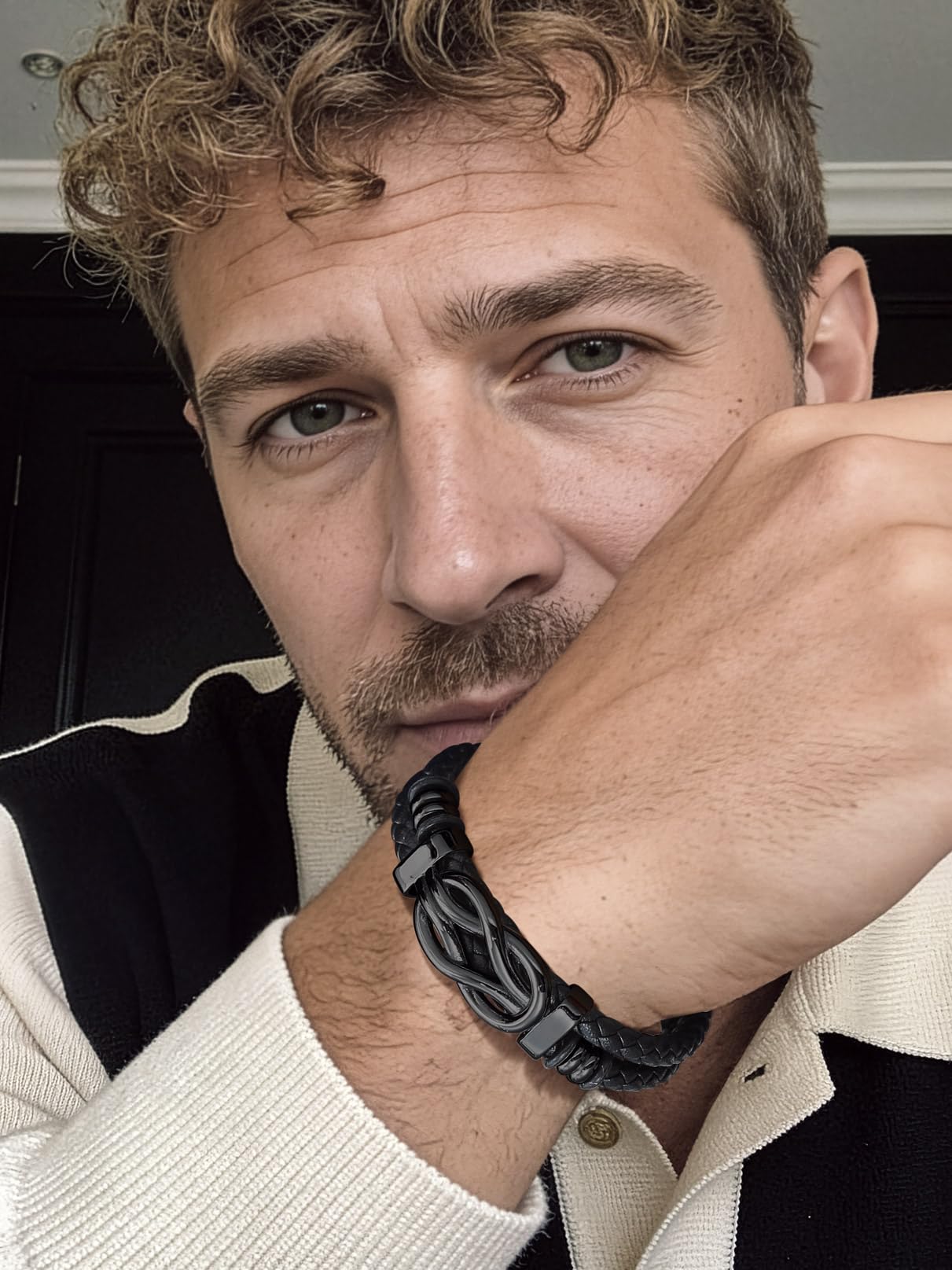 Bandmax Bracelet en Cuir Homme 19/21/23cm avec Carte Cadeau FR, DE, ES, IT - Bracelet Tressé Argenté/Noirt avec Nœud Concentrique, Cadeau pour Papa/Mari/Frère/Couple