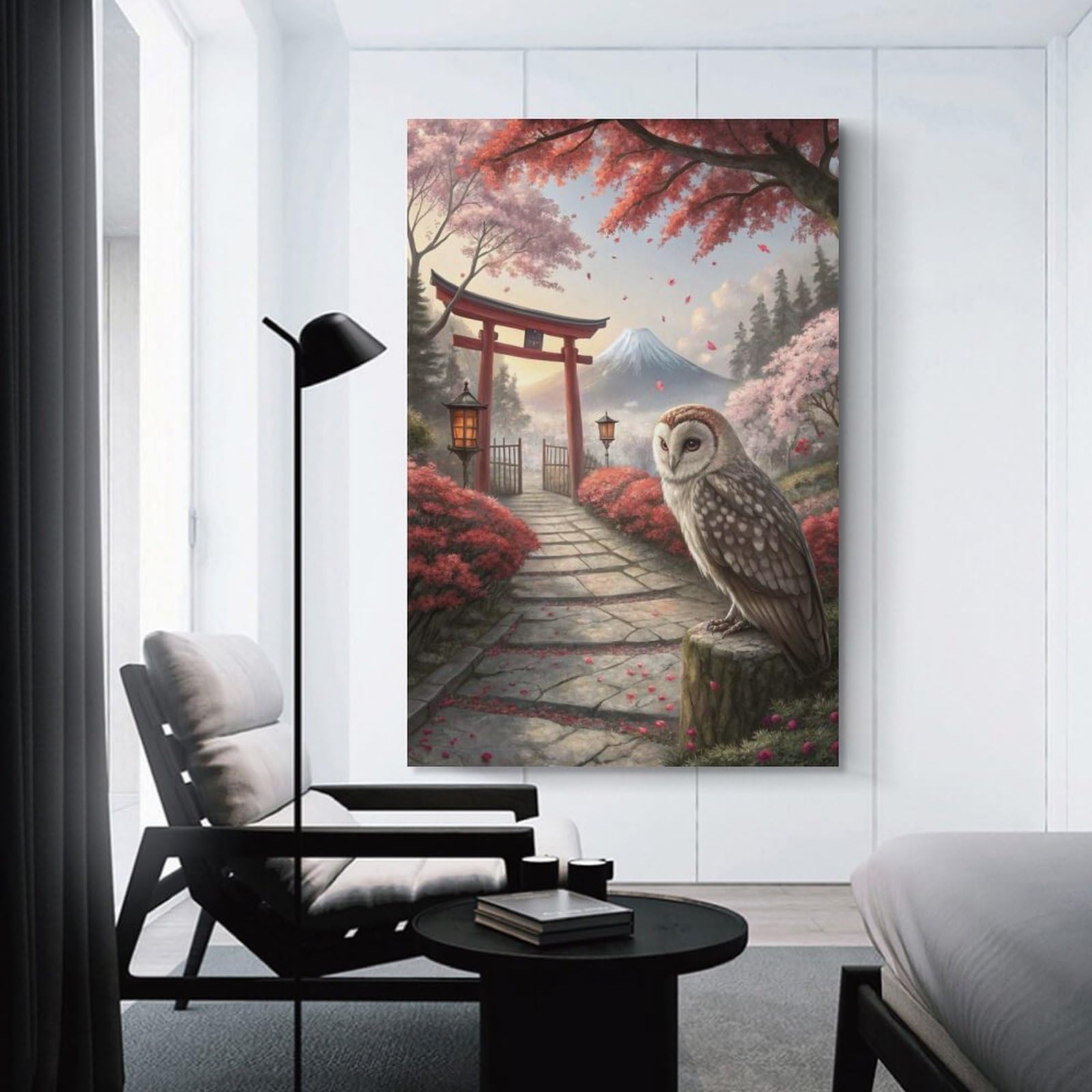 Junmoney Owl in Japanese Garden with Mt. Fuji Hanging Wall Art, 20x30inch(50x75cm), for Living Room, Bedroom, Office Or Hallway, Decorative Artwork with Broad Appeal