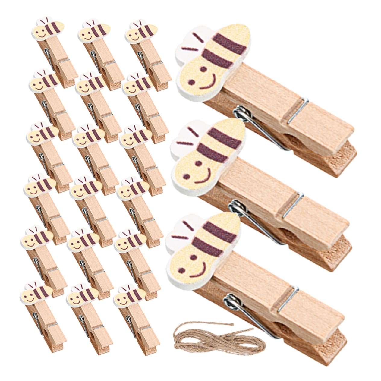 FUNOMOCYA 50PCS Wooden Clips with Jute Twine for Photos Snack Bags for Bee Themed Parties and Home Decoration