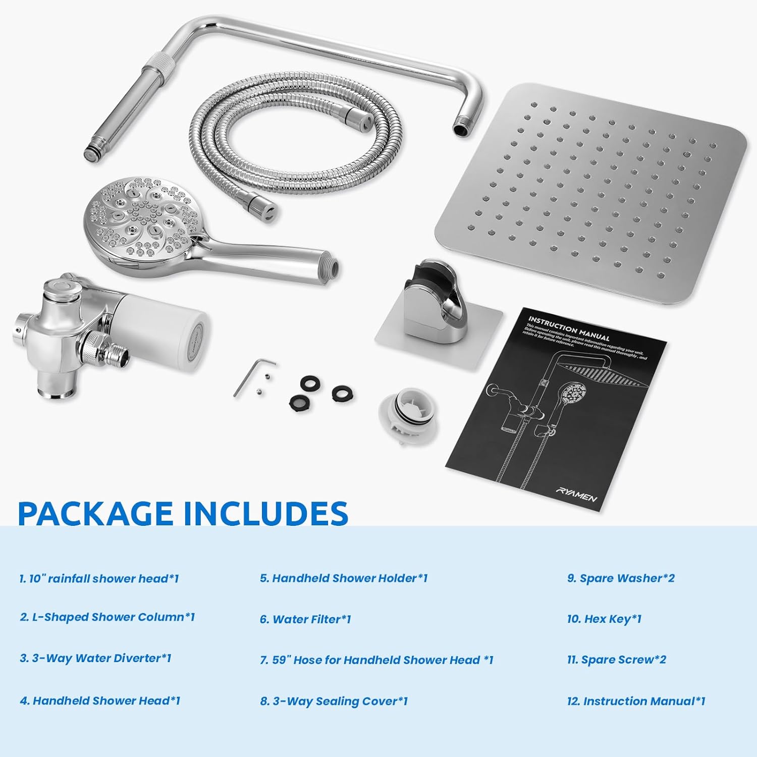 Ryamen Upgraded Dual Shower Heads Combo, 10 inch Filtered Shower Head with Handheld, 3-Way Rain Shower Head with Filters, 7 Settings Handheld Spray, High Pressure, Height Adjustable (Silver) - Image 9