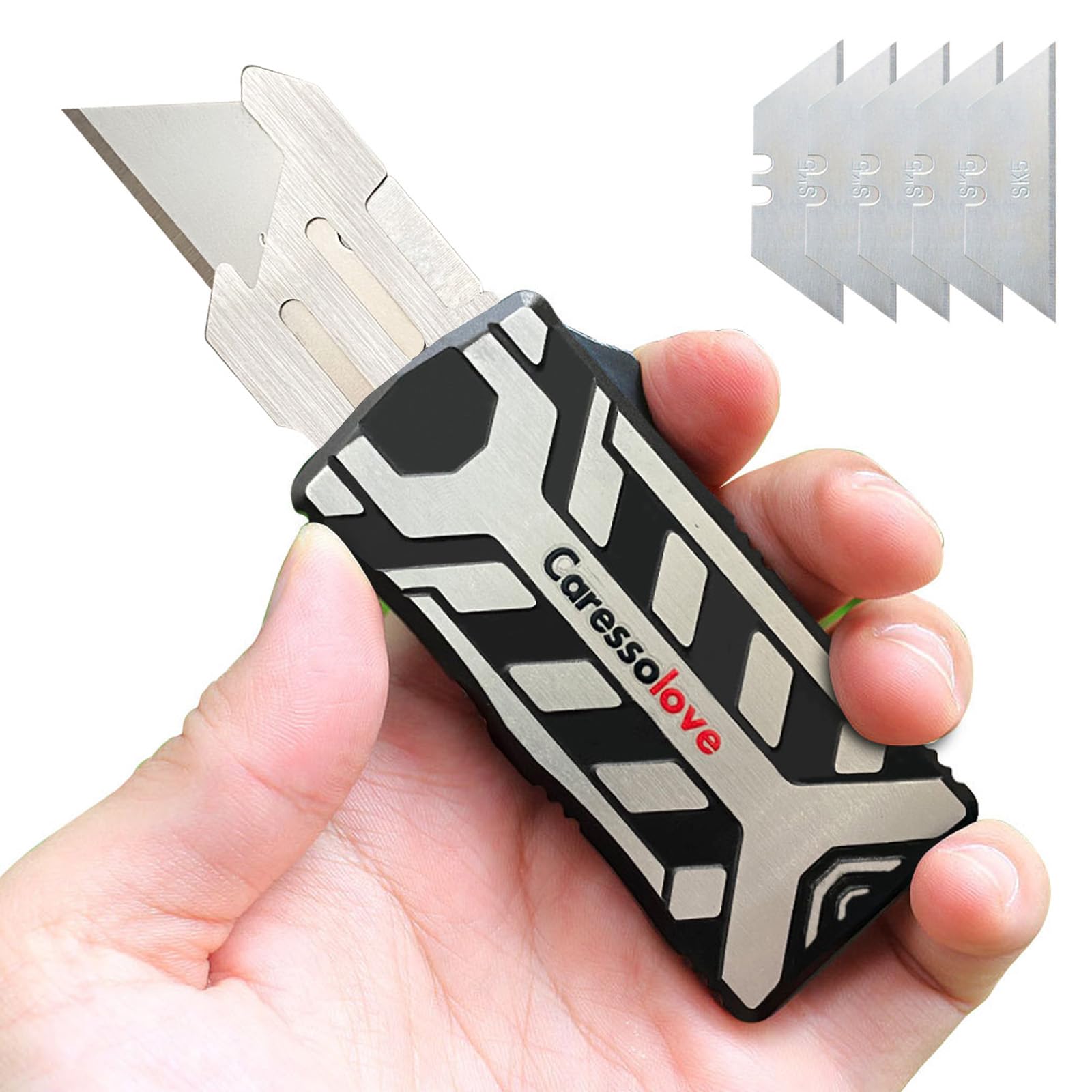 Caressolove Automatic Utility Knife Push Button, Best Aluminum Alloy Auto Retractable Boxcutter, Replaceable Razor Blades EDC Pocket Knife, Heavy Duty Self Retracting Box Cutter With Belt Clip