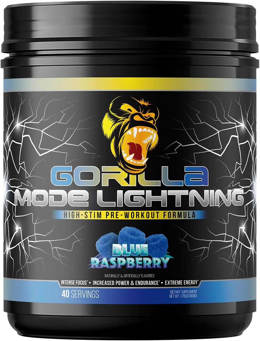 Gorilla Mode Lightning Pre-Workout - Extreme Energy · Laser Focus · Powerful Pumps · Peak Performance - 550mg Caffeine, 13500mg L-Tyrosine, Alpha-GPC– 808g (Blue Raspberry)