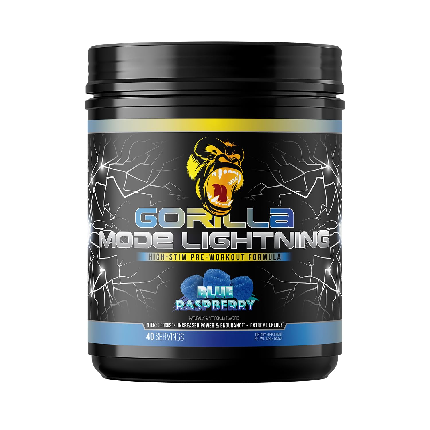 Gorilla Mode Lightning Pre-Workout - Extreme Energy · Laser Focus · Powerful Pumps · Peak Performance - 550mg Caffeine, 13500mg L-Tyrosine, Alpha-GPC– 808g (Blue Raspberry)