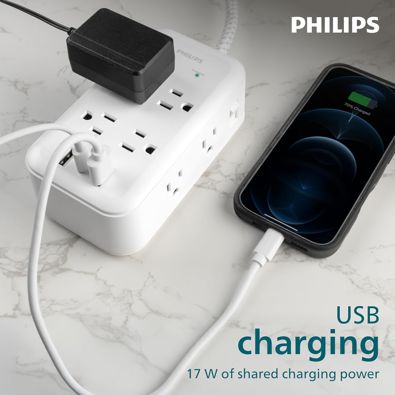 Philips Surge Protector, 8 Outlet, 2 USB-A, 1 USB-C, 17W, 3120J, Braided Cord, 6ft, White