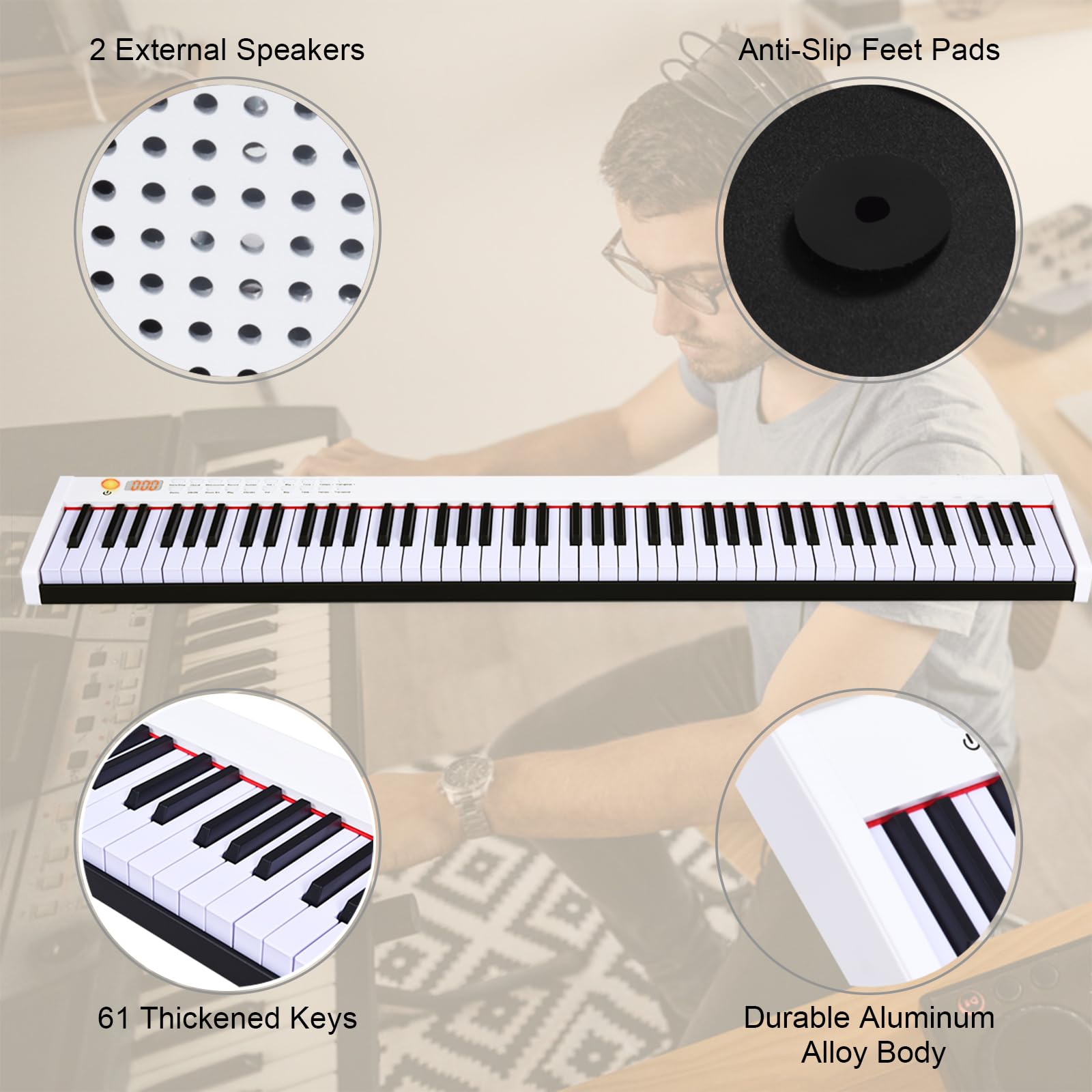 KOMFOTTEU Digitales Piano 88 Tastatur, Elektroklavier mit Bluetooth MIDI USB, elektronisches Klavier, Digitale Keyboard tragbar 128 Rhythmen Digitalpiano Set für Kinder Anfänger (Weiß)