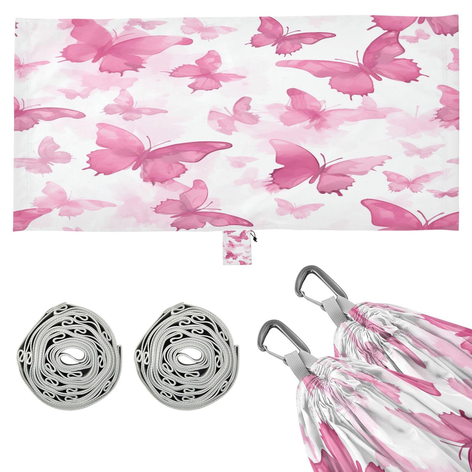 ATTX Pink Watercolor Butterflies Camping Hammock - Lightweight & Portable Hammocks, Heavy Duty 330lbs Capacity for Indoor, Hiking, Backpacking, Travel, Backyard, Beach#253