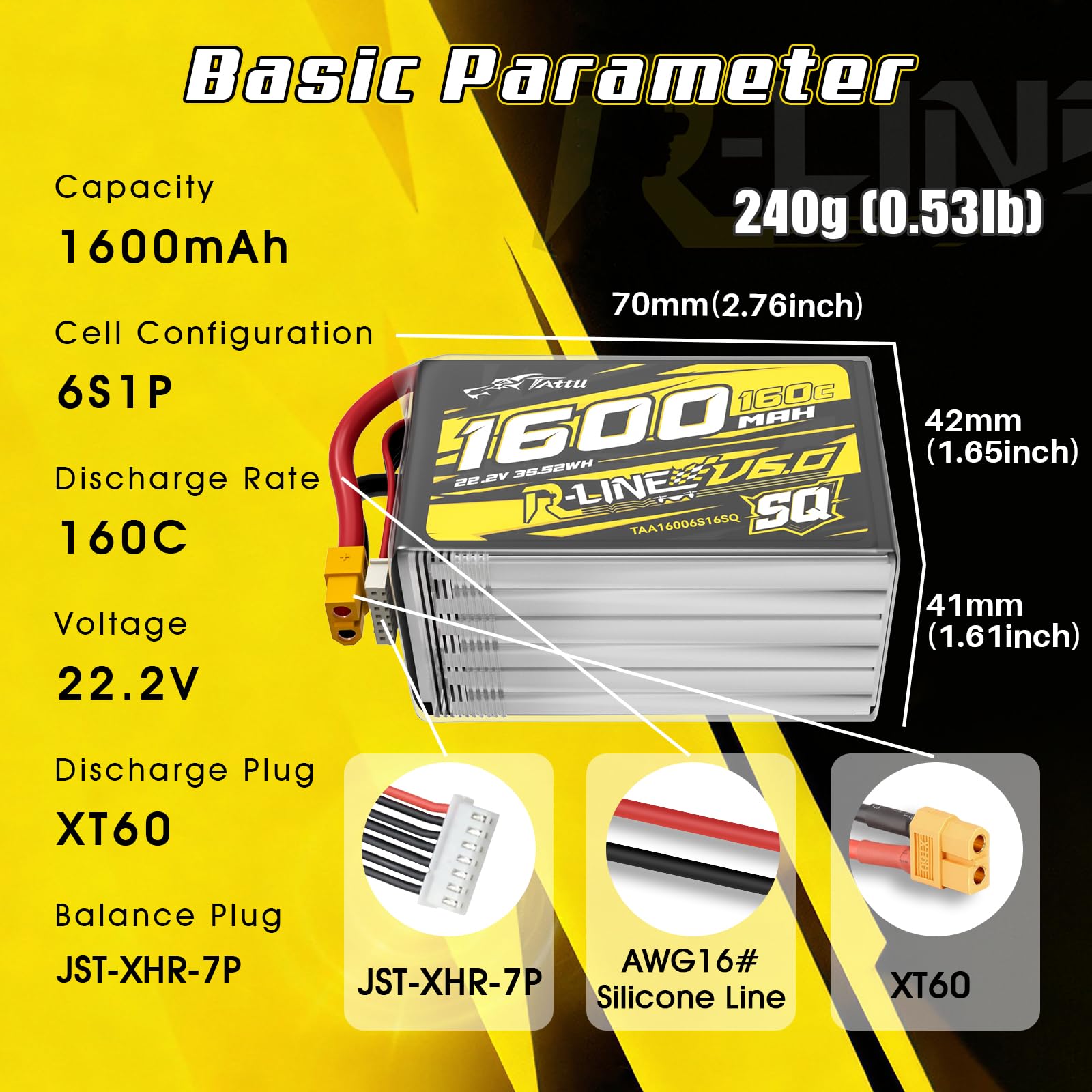 Tattu Akumulator LiPo 6S 1600 mAh R-Line V6 22,2 V 160C LiPo z wersją XT60 – SQ – akumulator o wysokiej wydajności do FPV Racing & Freestyle
