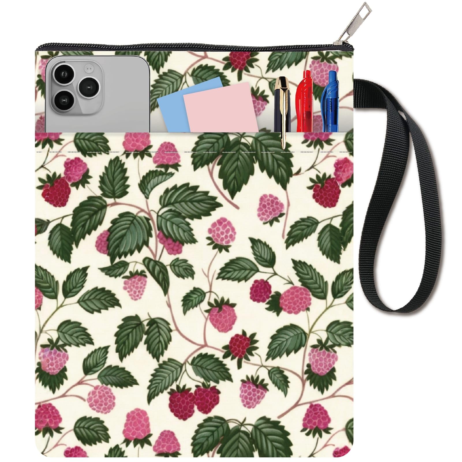 CRASPIRE Raspberry Book Sleeve Waterproof Fruit Books Cover Pouch Washable Zipper Cloth Paperback Protector Case 11 x 8.6 Retro Notebook Bag with Handle Extra Pocket for Bookish Textbook Lovers Gifts