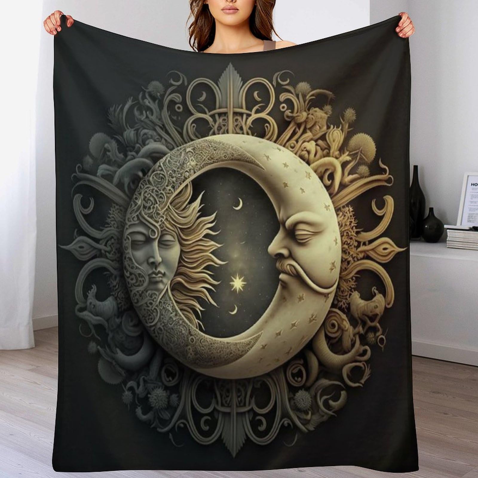 Couverture canapé chaude en flannel premium, jeté de lit doux 180x200cm motif soleil et lune