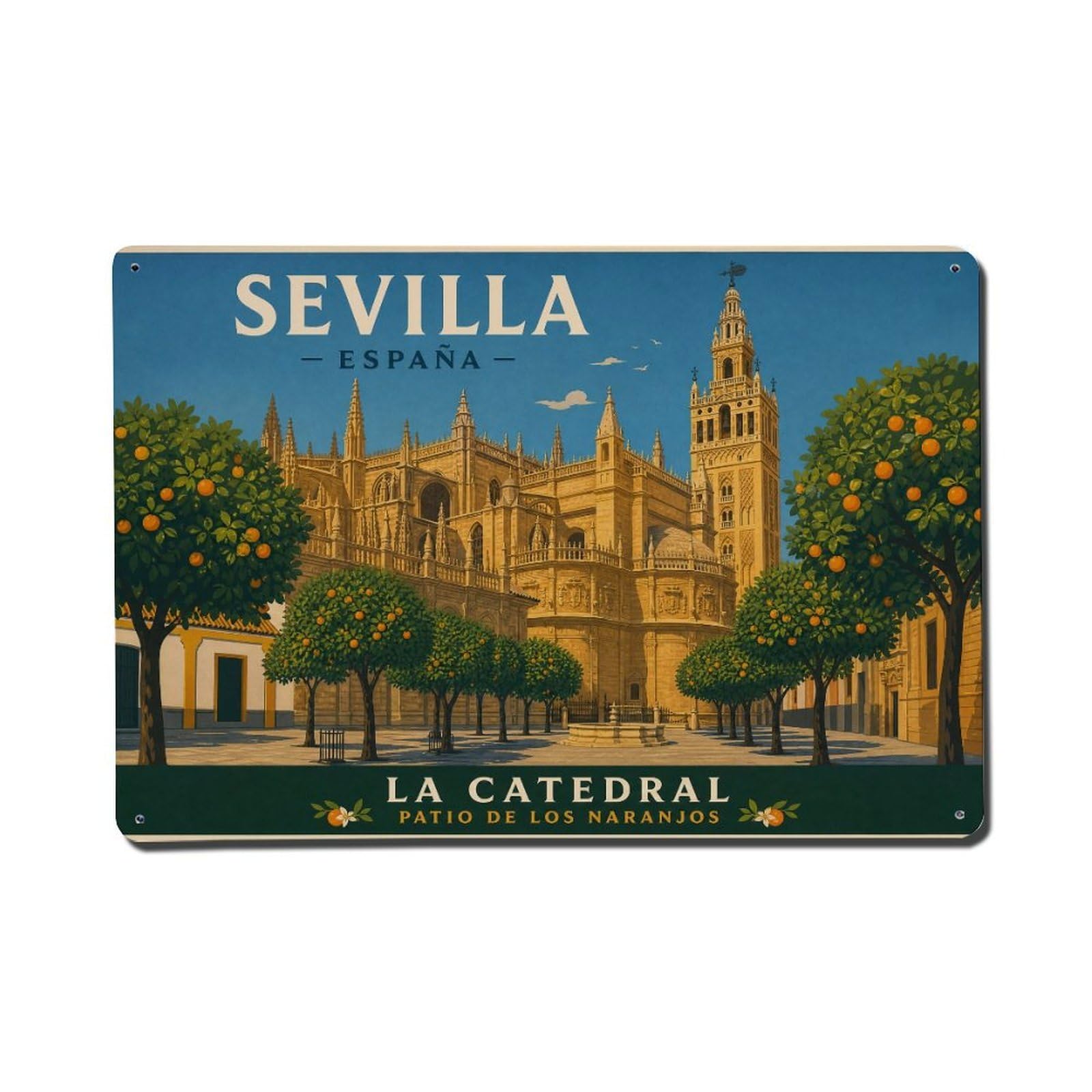 Yrnq 08X12inch Vintage Style Vintage Cathedral Courtyard Orange Trees Patio Spain Metal Tin Sign
