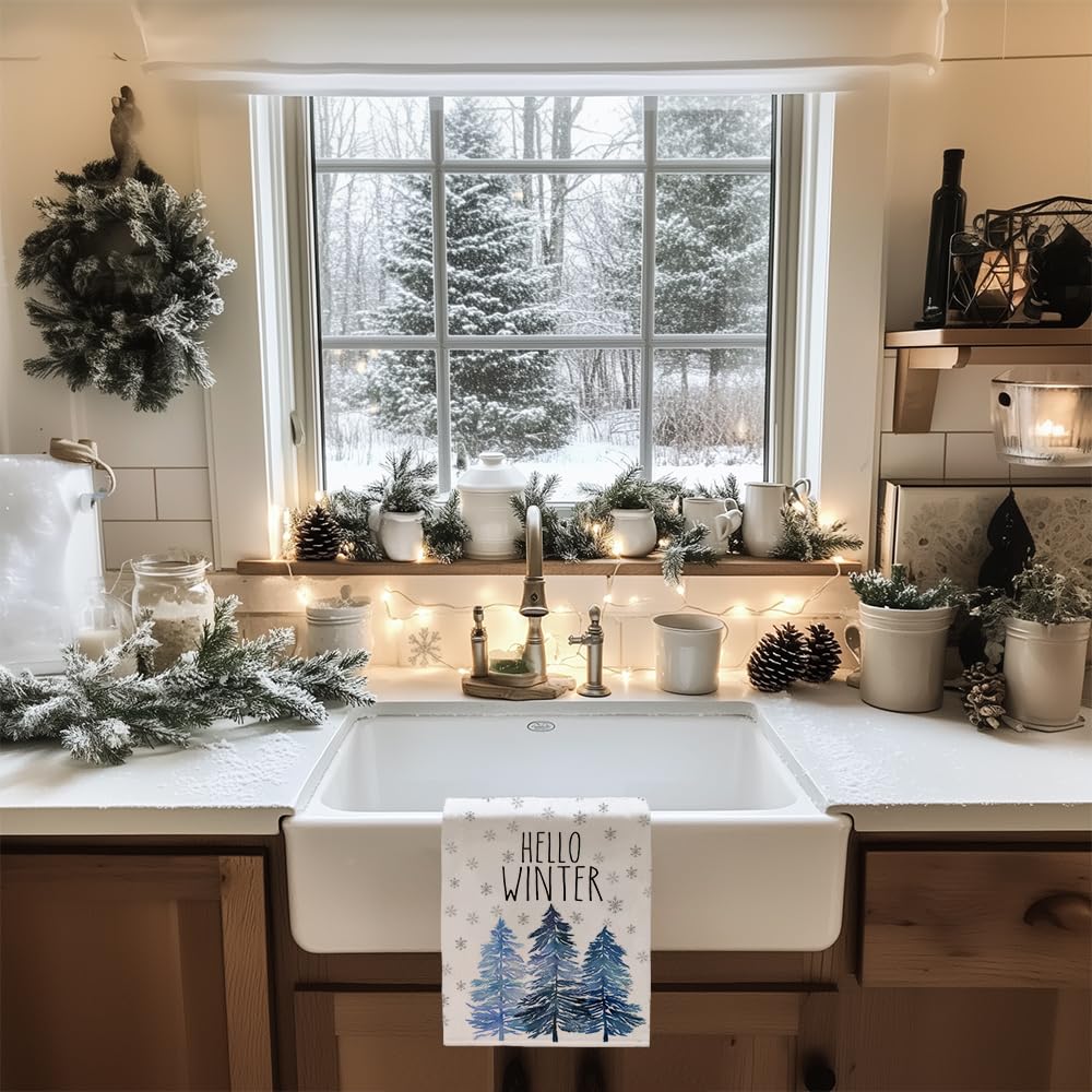 DineDia Hello Winter Kitchen Towels Set of 2,Blue Tree Snowflake Dish Hand Towels Holiday Home Indoor Bathroom Party Seasonal Noel Decorations DD019