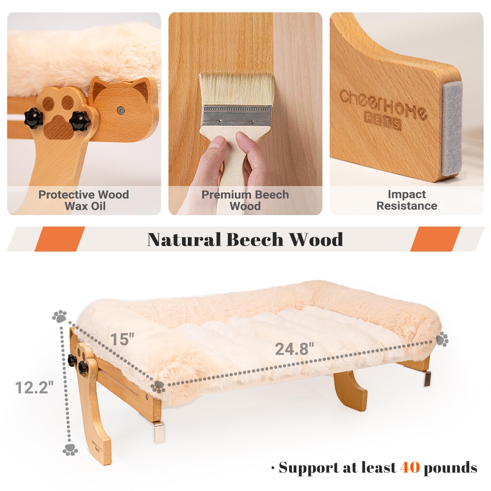 CHEERHOME PETS Percha de ventana para gatos con refuerzo, cama para gatos grandes, hamaca para ventana, asiento de madera ajustable para alféizar de la ventana de la mesita de noche (blanco roto)