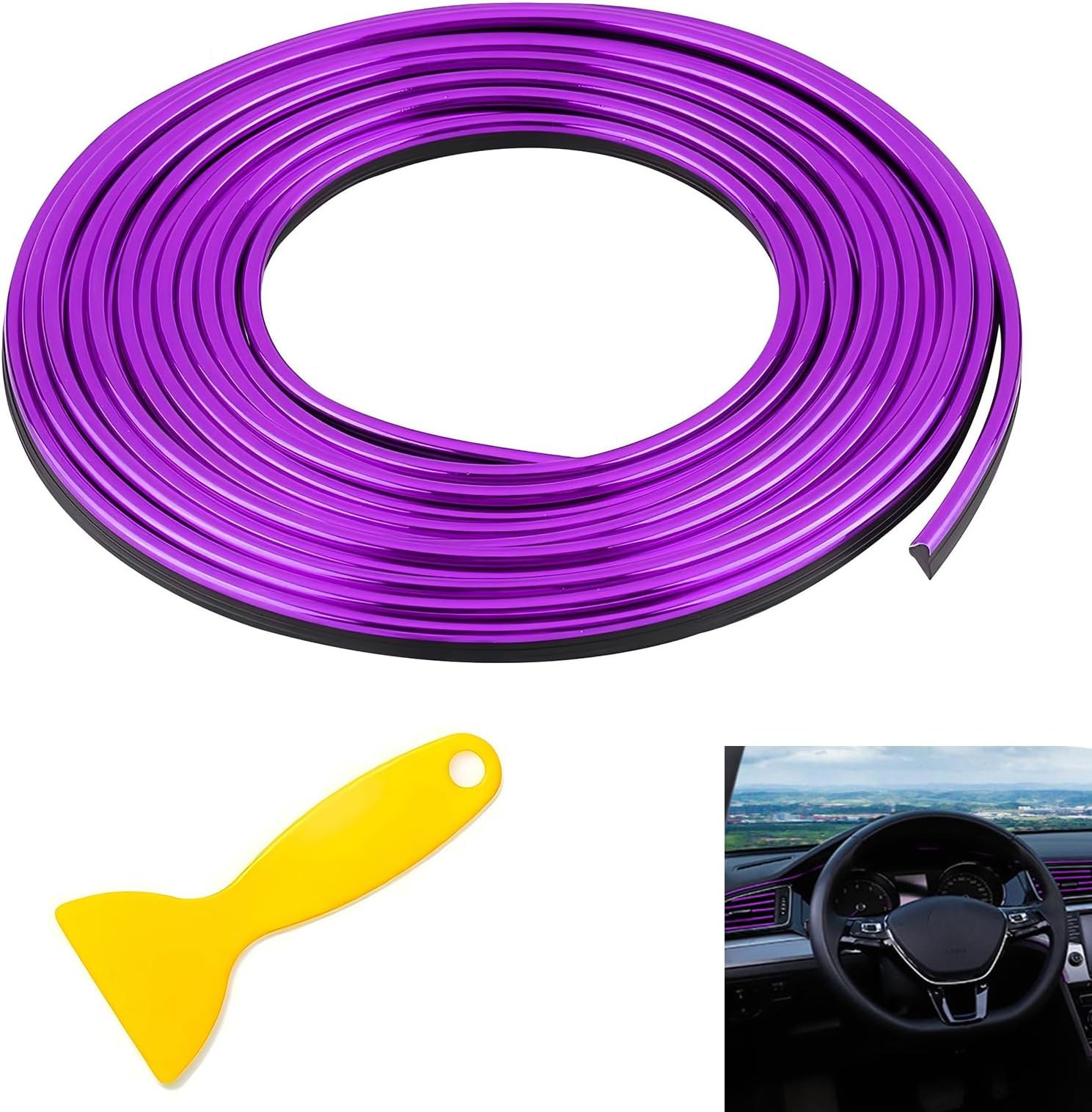 Car Interior Trim Strips, 33ft Car Electroplating Decoration Styling Door Dashboard, Flexible Auto Accessories Molding Line with Installing Tool, Universal for Most Cars (Purple)