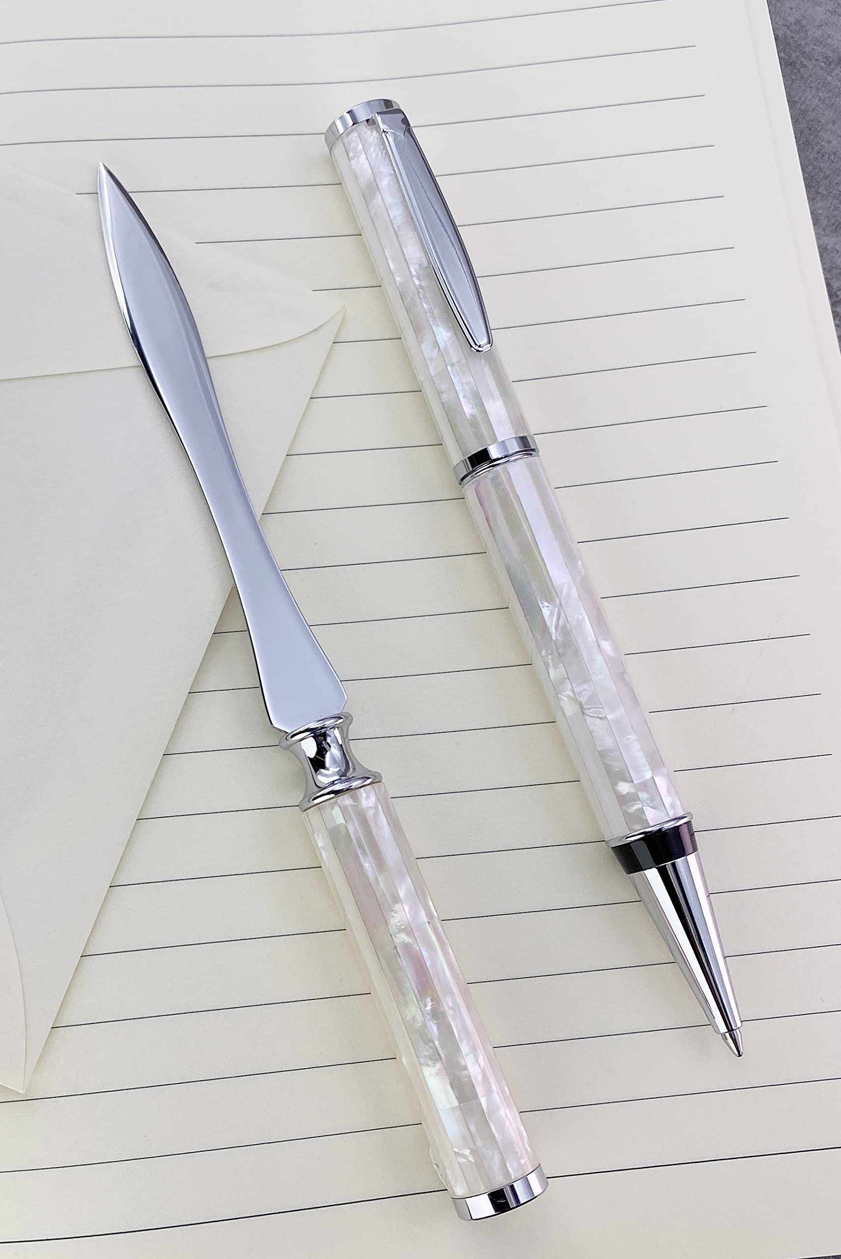 LACHIEVA LUX Perlweißer Muschel-Kugelschreiber aus Abalone-Metall mit Brieföffner-Set, Geschenk zum Schreiben, schönes Stift-Set für Männer und Frauen und jeden Urlaub (weiße Muschel)