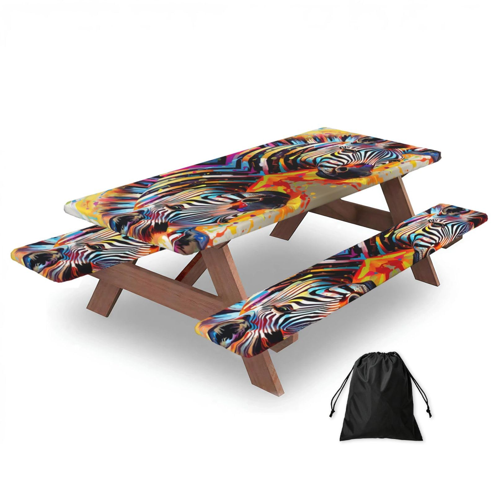 Zyjhyy Black Abstract Animal Zebra Print Party Table Covers With Bench Covers Set Of 3 Picnic Table Cloth Wipe Clean For Garden Camping