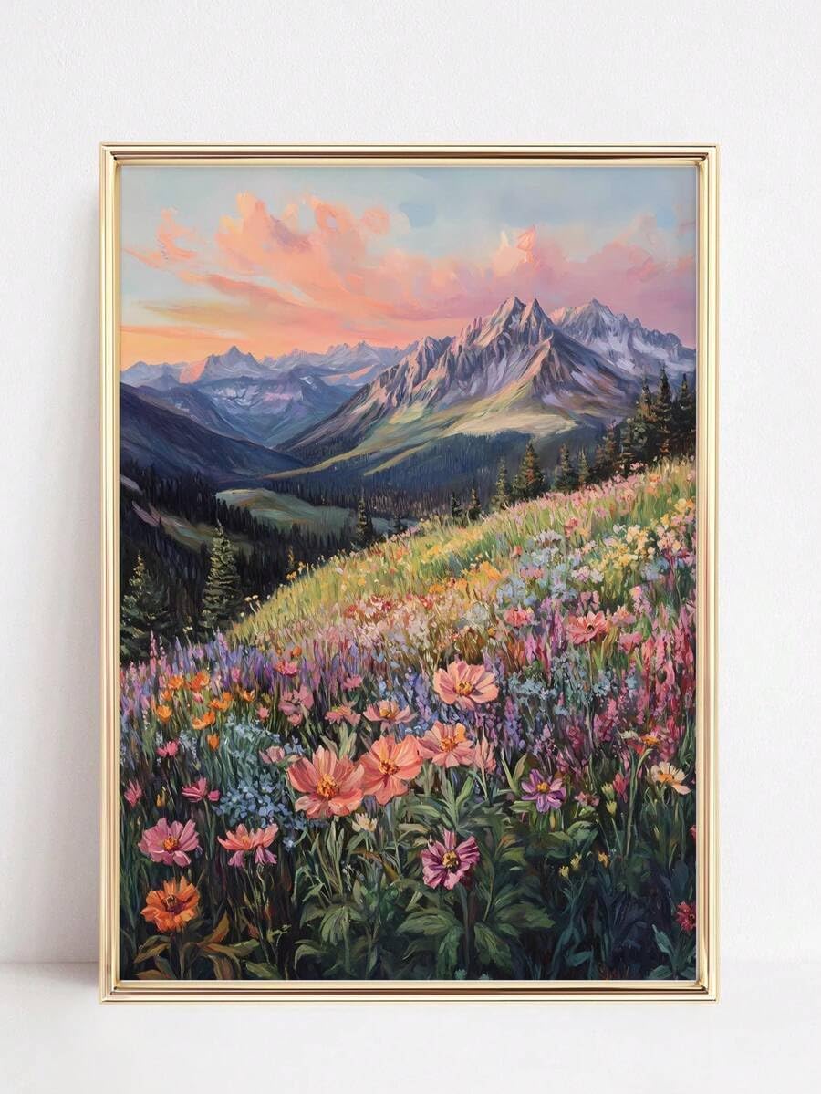 lianyibo 1pc Canvas Wall Art, Abstract Landscape Painting Of Wildflower Meadow And Mountains, Bohemian Floral Wall Decor(70x100cm/Frameless)