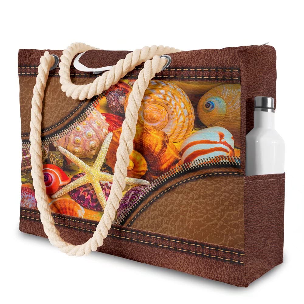 Seashell Beach Bag Waterproof Canvas Sea Pool Bag Shoulder for Family Tote Bag,Women's Large Travel Bag Handbag for Gym Work