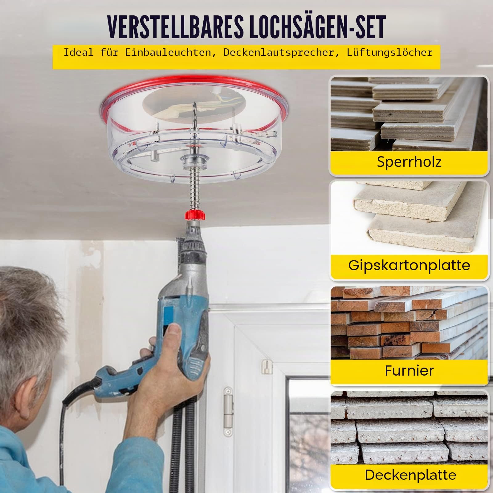 VEVOR Professionelle Lochsäge 40-200 mm Durchmesser Kreisschneider, Verstellbar Durchmessergröße Lochbohrer mit Staubschutzhülle, für Lüftungslöcher, Einbauleuchten auf Sheetrock-Kunststoffe, Holz