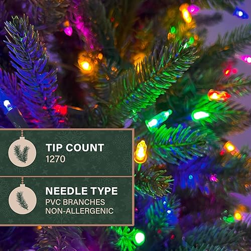 Miniatura 7 de Fraser Hill Farm Árbol de Navidad artificial de pino carmelo preiluminado de 7.5 pies con luces LED dobles multicolor y blanco cálido, follaje LED