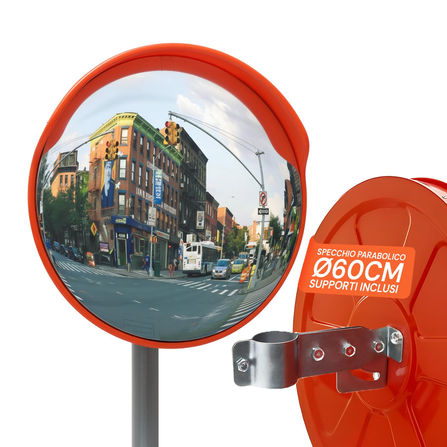 Specchio Stradale Convesso Ø 60 cm - Specchio Parabolico di Sicurezza, Visione Grandangolare 160° - Per Angoli Ciechi per Garage, Parcheggi e Magazzini - Con Kit Montaggio a Parete o Palo