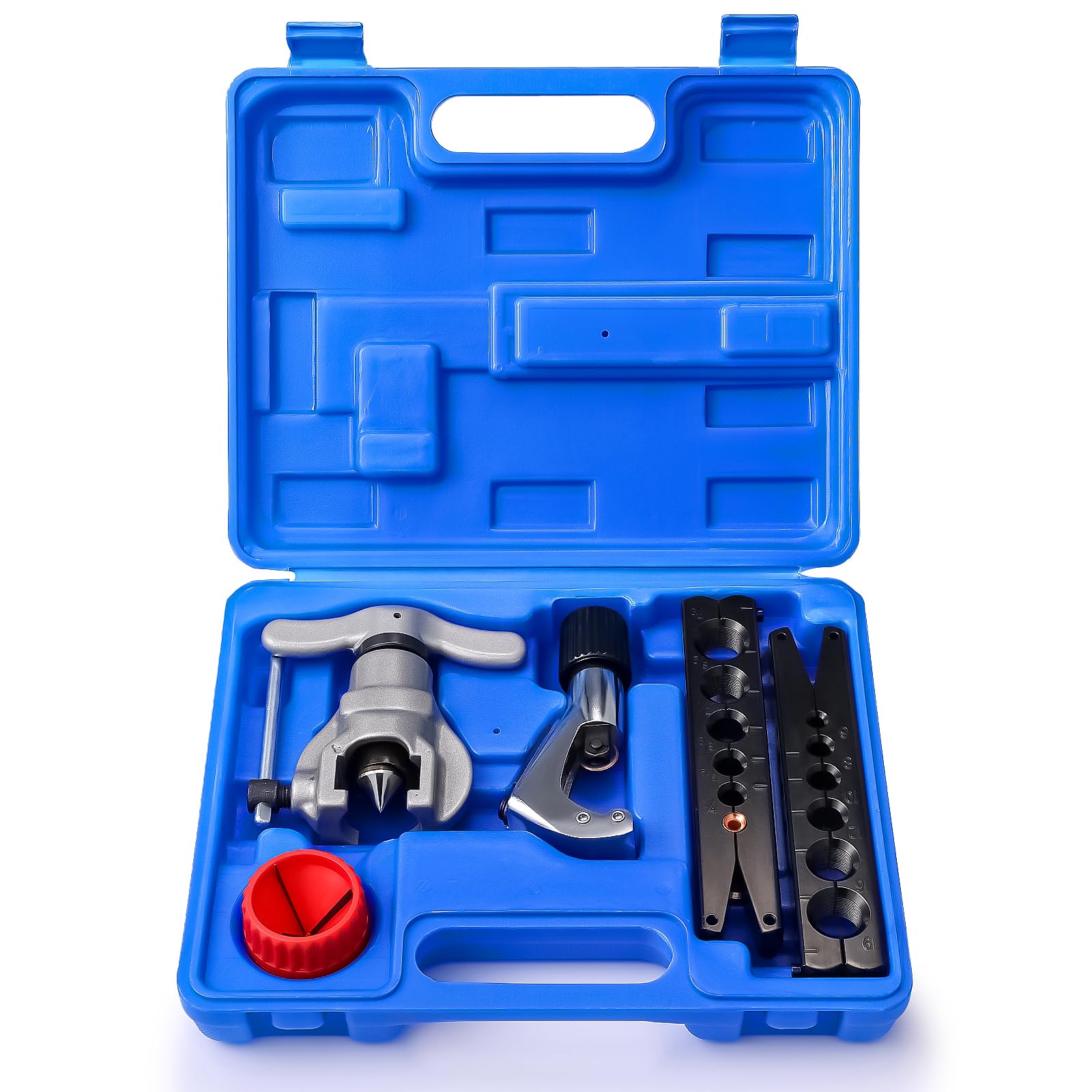 TURBRO HVAC FlaringTool Kit for 1/4 to 3/4in Pipes, 45 Degree Eccentric Cone Type, 2 Flaring Splints, Single Flaring Tool with a Pipe Cutter and Deburring Reamer, for Copper and Aluminum Pipes