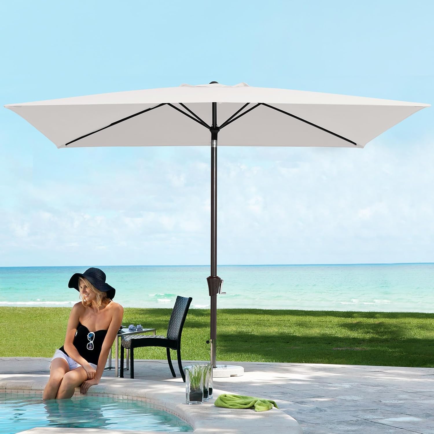 JEAREY 6.5x10ft Olefin Rectangular Patio Umbrella, Rectangle Outdoor Umbrellas with Auto Tilt Crank System, Market Table Umbrella UV Protection Fade-Resistant for Pool Deck Garden Yard, Foggy Gray