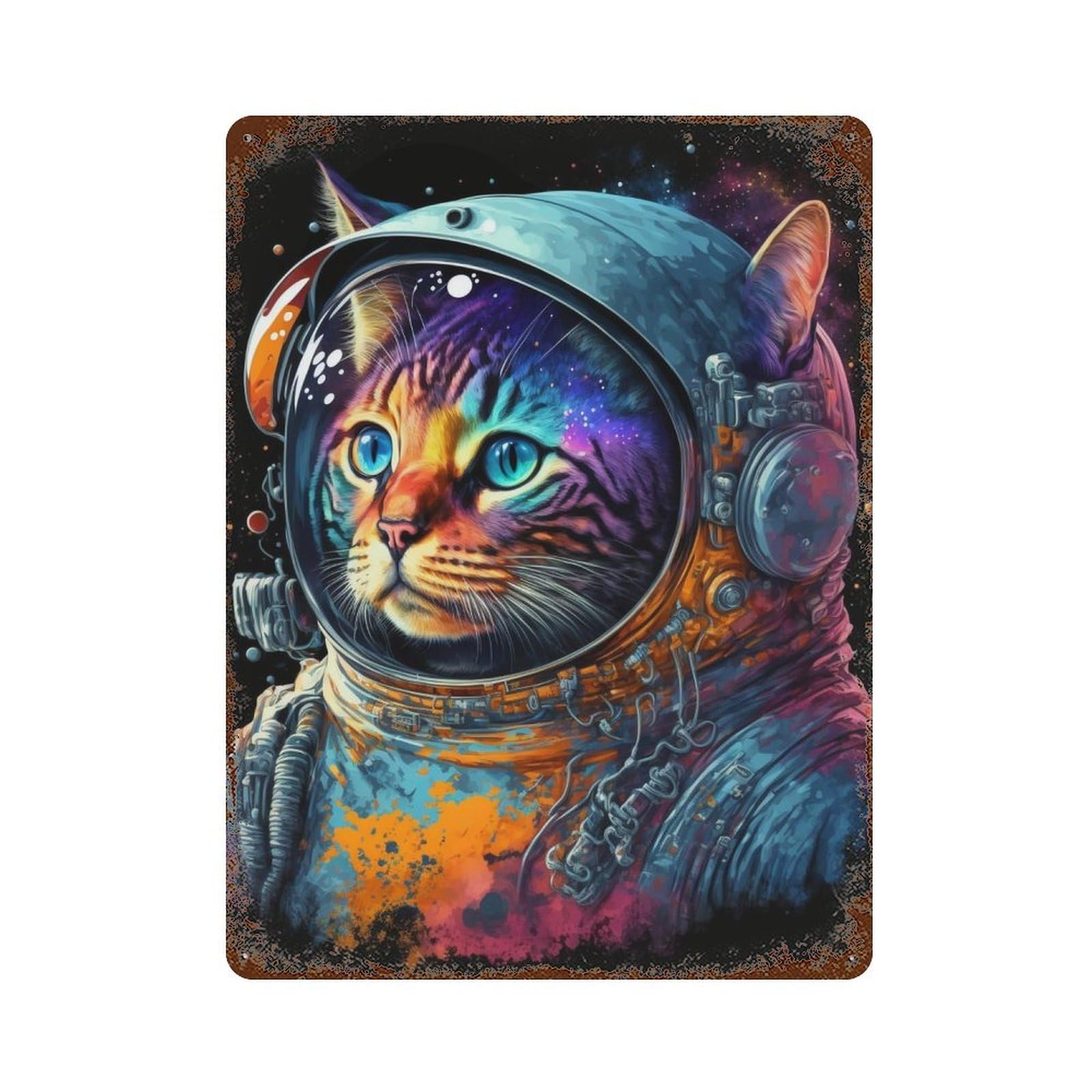 Distressed Metal Wall Sign Cosmic Cat Astronaut Art Print 15.7"x11.8", Old School Wall Decor for Bistro, Counter And Cafe Decor