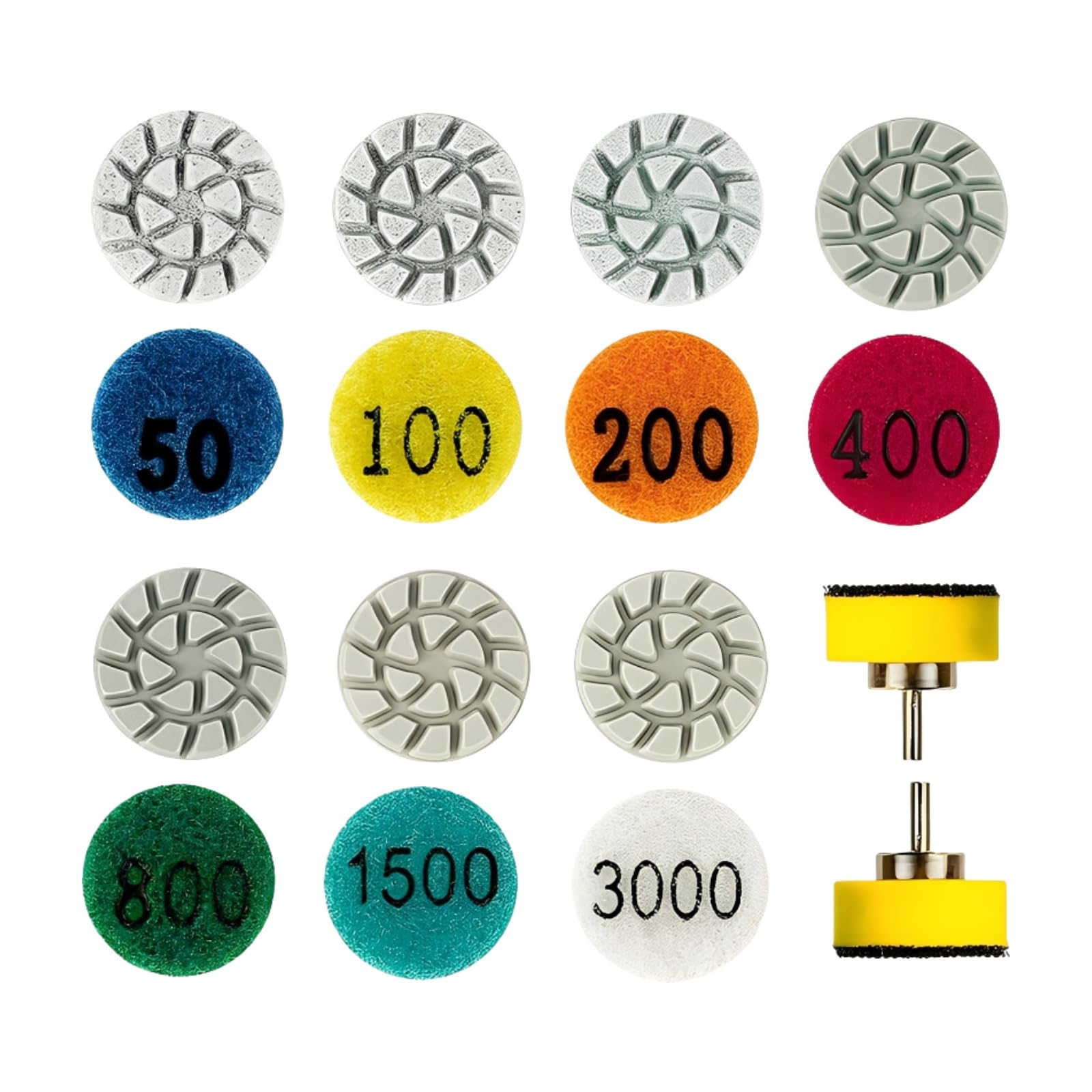 MiJunHD 1inch 25mm Mini Diamond Polishing Pad 16Pcs/Set, 7 Different Grit 50#-3000# Water Sanding Discs & & 2.3mm/3mm Shank Hook & Loop Backing Holder for Detail Fine Grinding