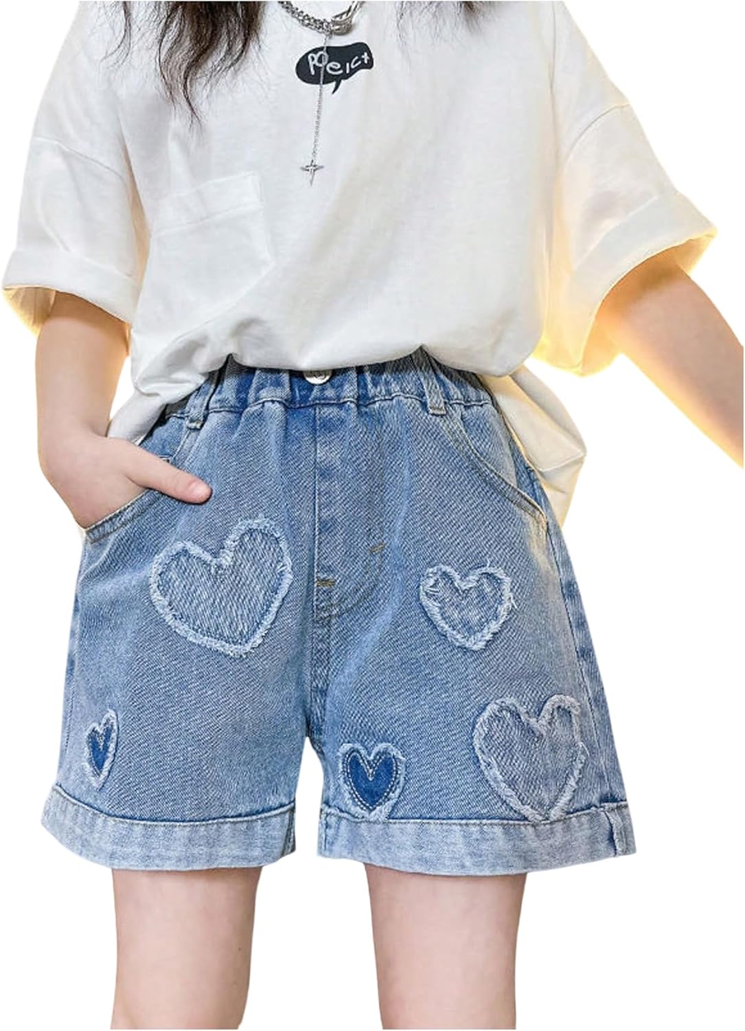 OYOANGLE Girl's Heart Patched Denim Shorts Roll Up Hem Cute Straight Leg Jean Short with Pockets