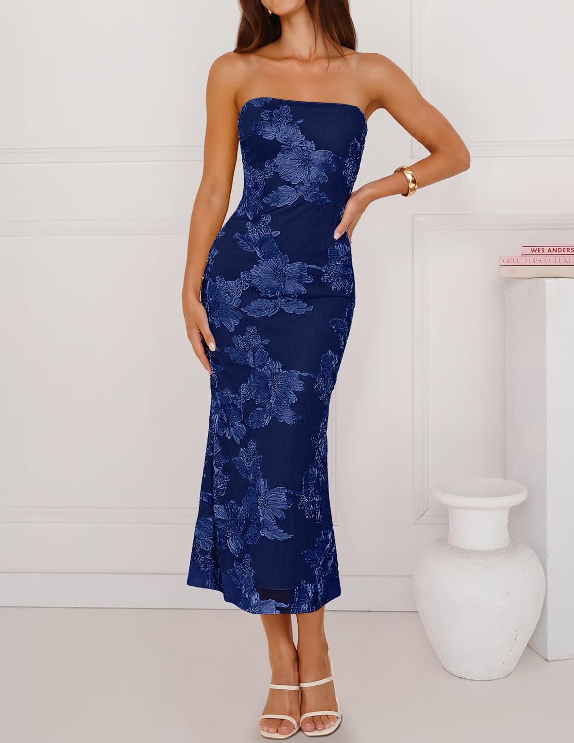 ZESICA Women's Summer Strapless Floral Midi Dress 2026 Bodycon Mesh Tube Wedding Guest Cocktail Party Formal Dresses - Image 4