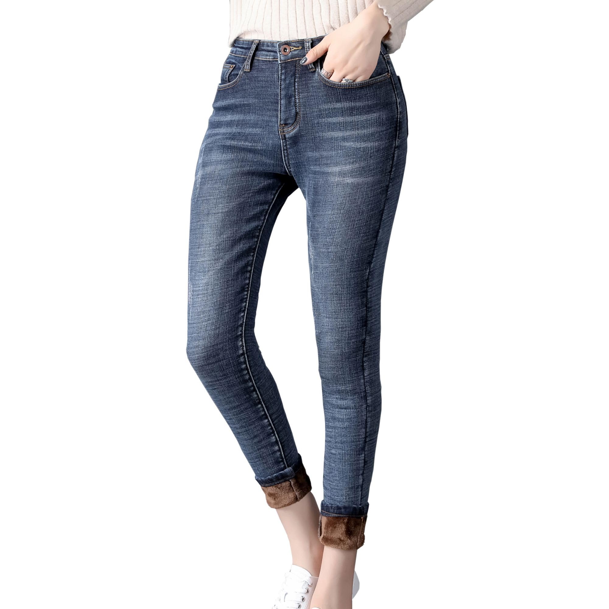 Jeans termici da donna, pantaloni termici, leggings con interno in pile, invernali, con calda imbottitura, pantaloni dritti con ampio elastico, cinturino in pile, jeans da donna