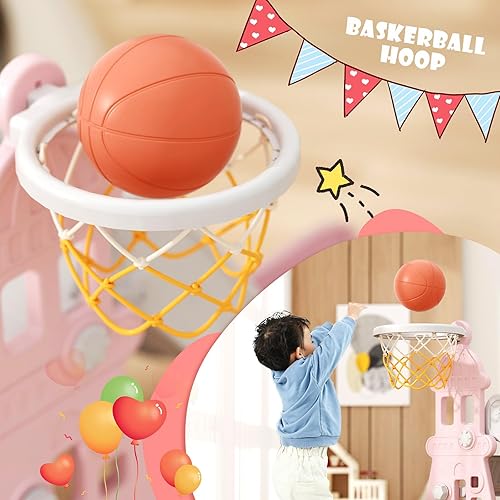 Miniatura 7 de YUFU Juego de tobogán y columpio 4 en 1 para niños pequeños con escalador, columpio, aro de baloncesto, juego para interiores y exteriores para