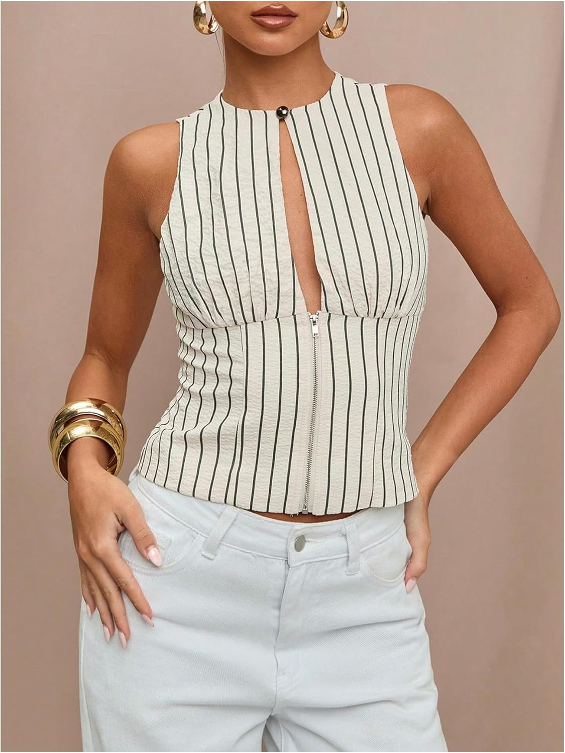 MakeMeChic Women's Cut Out Striped Tank Tops Crew Neck Zipper Sleeveless Dressy Shirt - Image 2