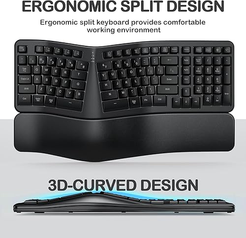 Miniatura 2 de TANNSEN Teclado ergonómico inalámbrico retroiluminado, teclado dividido USB 2.4G con muñeca acolchada, soporte de palma y escritura cómoda, 104