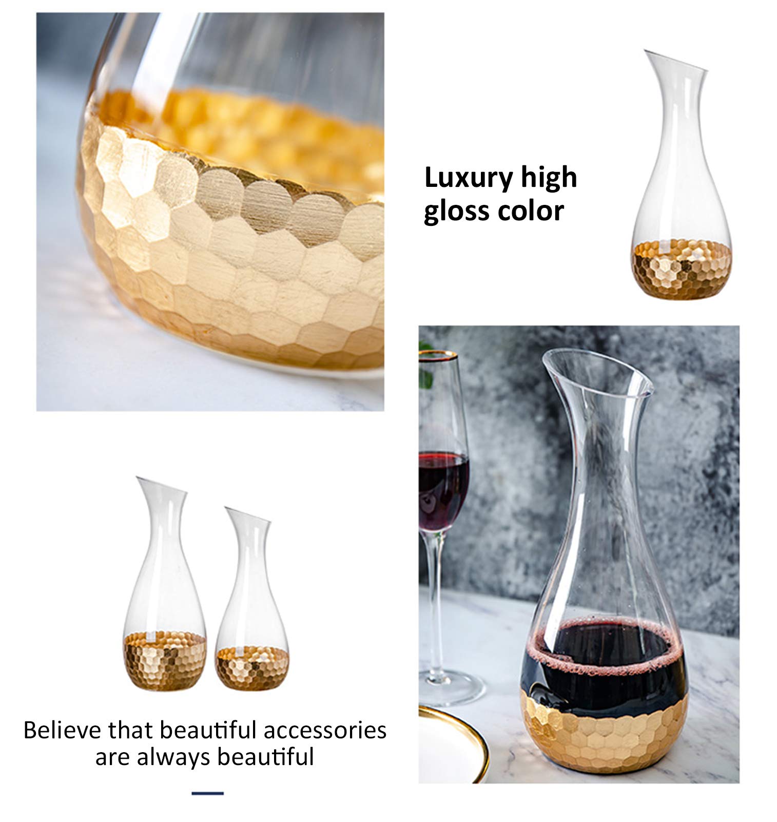 -Decanter Jarra, Decantador de vino, Decantador chapado en oro, Juego de jarras de cristal sin plomo, Dispensador de vino Golden Home (Grande, Pequeño), Grande