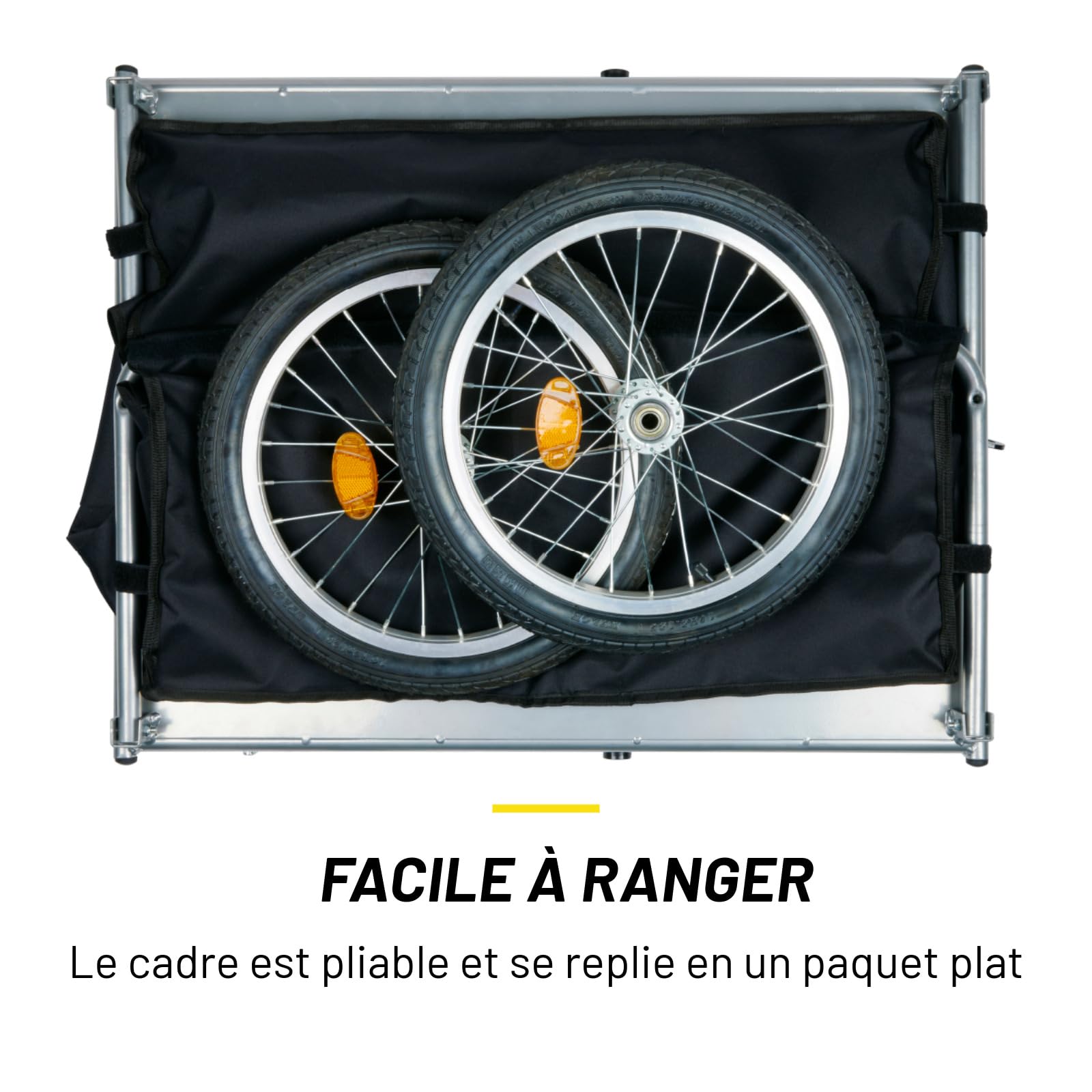 Dunlop Remorque Vélo Pliable – Charette Vélo Cargo pour Bagages – Remorque pour Vélo avec Réflecteurs et Housse de Pluie Réglable – Chariot Vélo – Remorque Vélo Pliable – Jaune