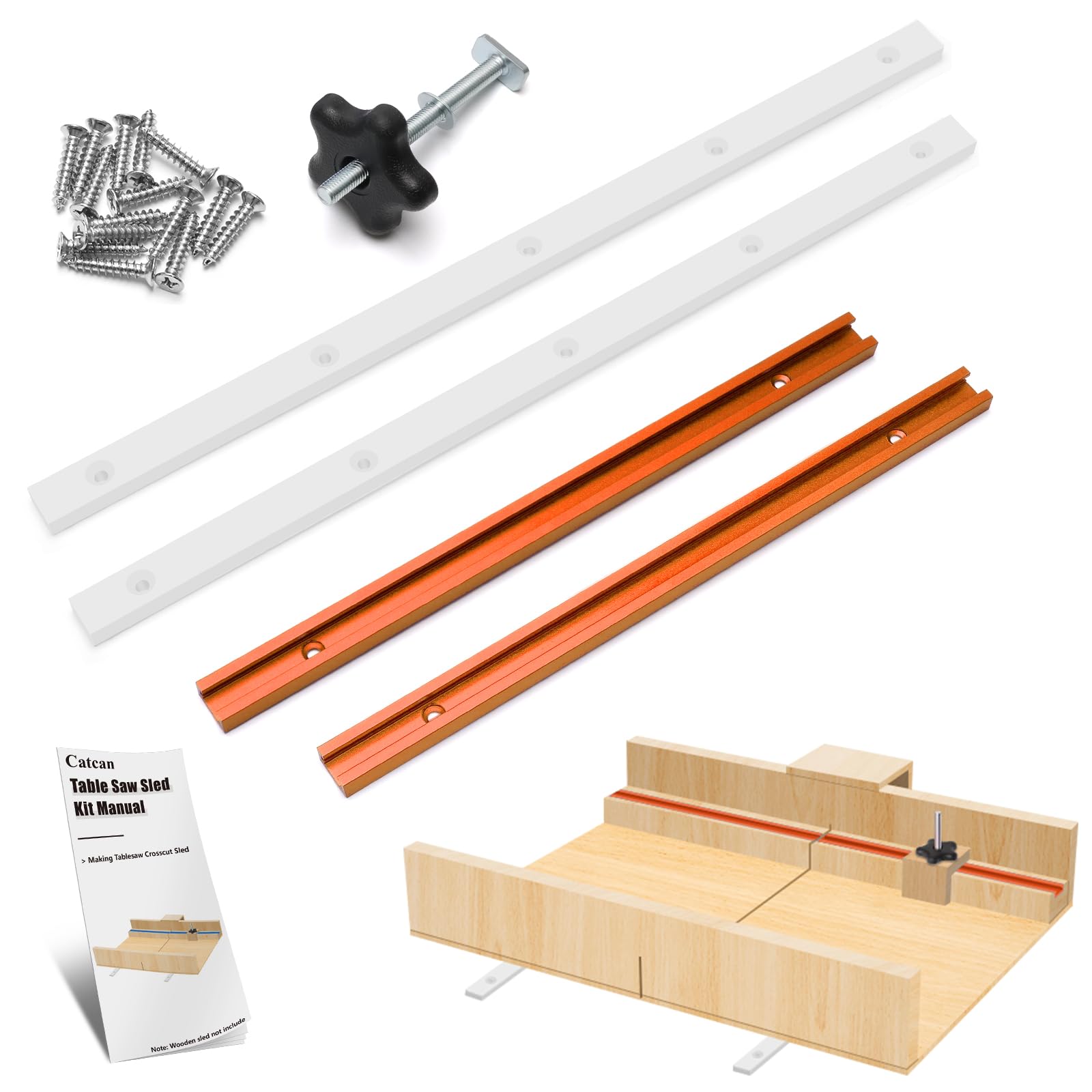 Crosscut Sled Kit for Table Saw Runners, Catcan Table Saw Sled Kit with 2 Aluminum T-Track, 2 UHMW Miter Bars, Knob and Bolt, Screws for Tablesaw