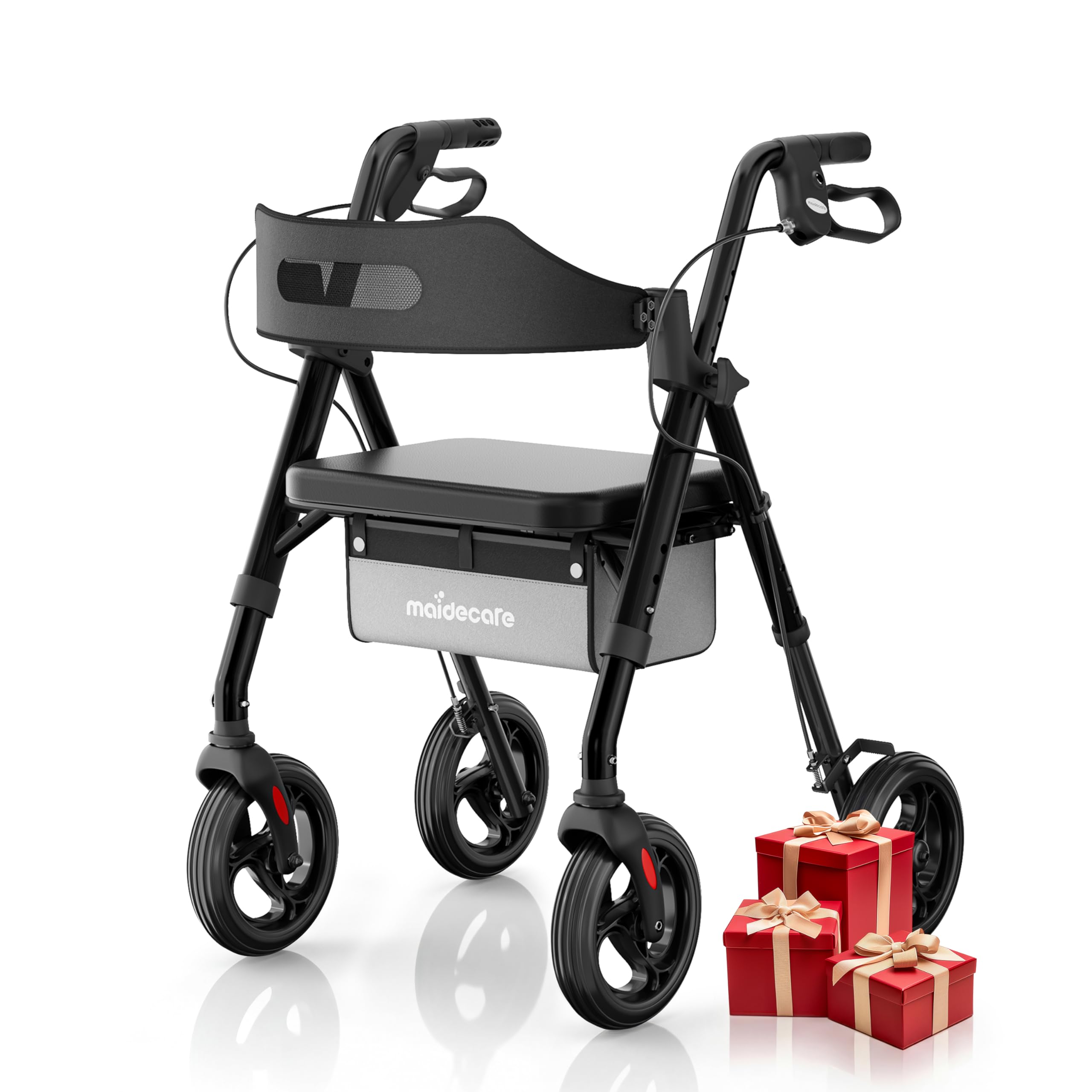 Andador para Ancianos con Asiento Plegable, Manillar y Asiento Regulables en Altura, Caminadores para Mayores, Ayuda para Caminar Ligera con Freno, Ruedas 8" Todoterreno, Negro