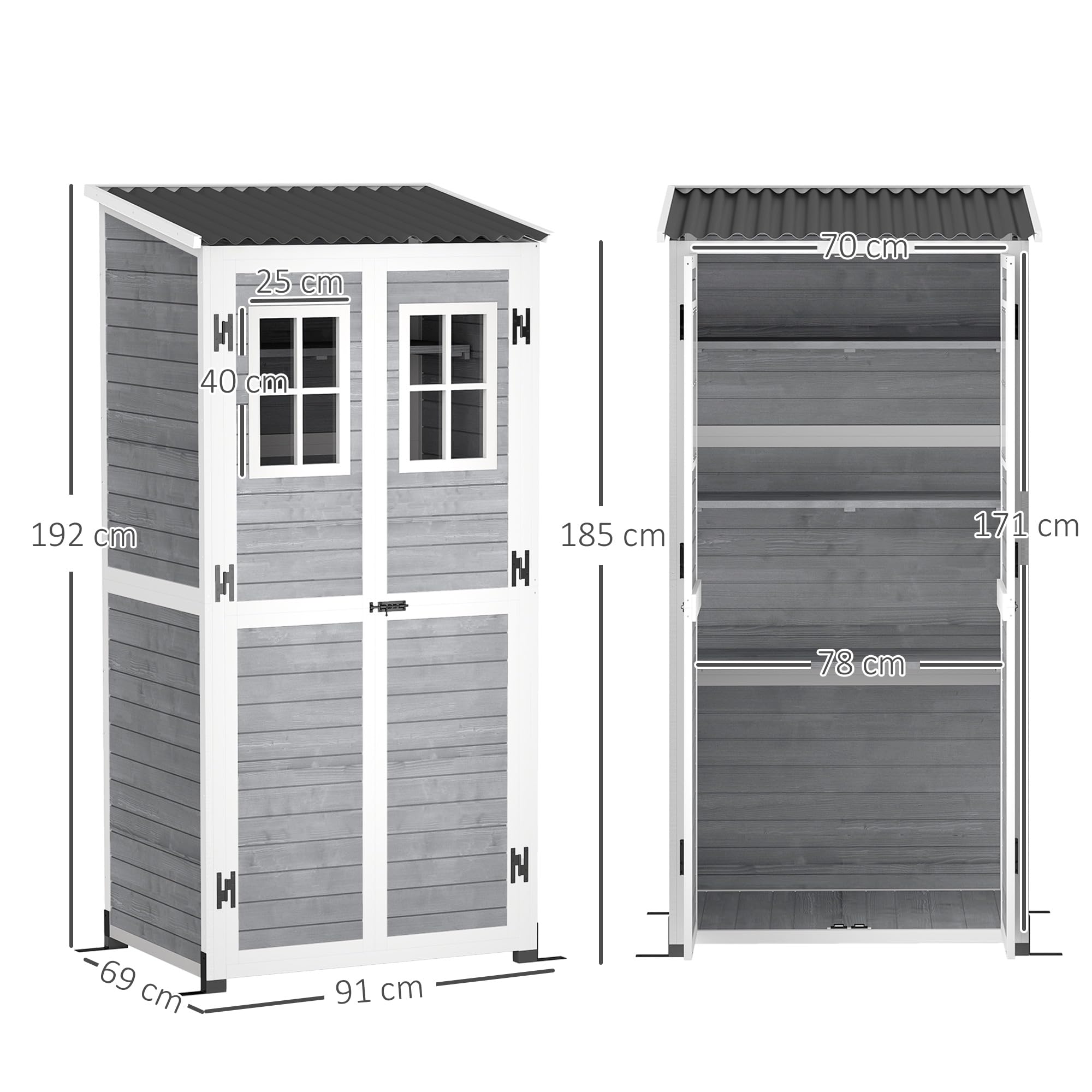 Outsunny Capanno Porta Attrezzi da Giardino in Legno di Abete con 2 Finestre e Ripiani Regolabili, Casetta Attrezzi Giardino Bloccabile, Tetto Spiovente per Patio Terrazza, 91x69x192cm, Grigio Chiaro