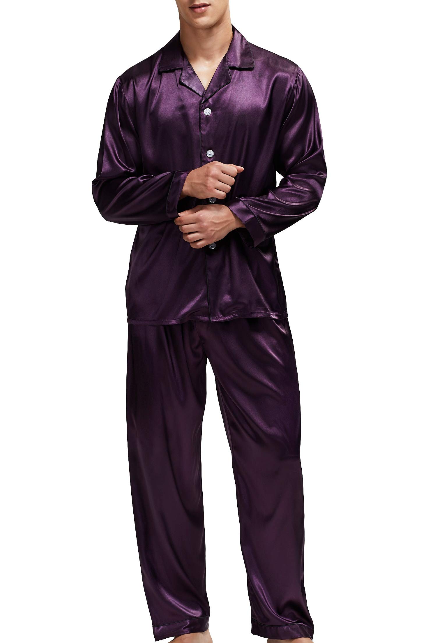 Sanraflic® Men's Satin Pajamas Long Button-Down Pj Set Sleepwear Loungewear