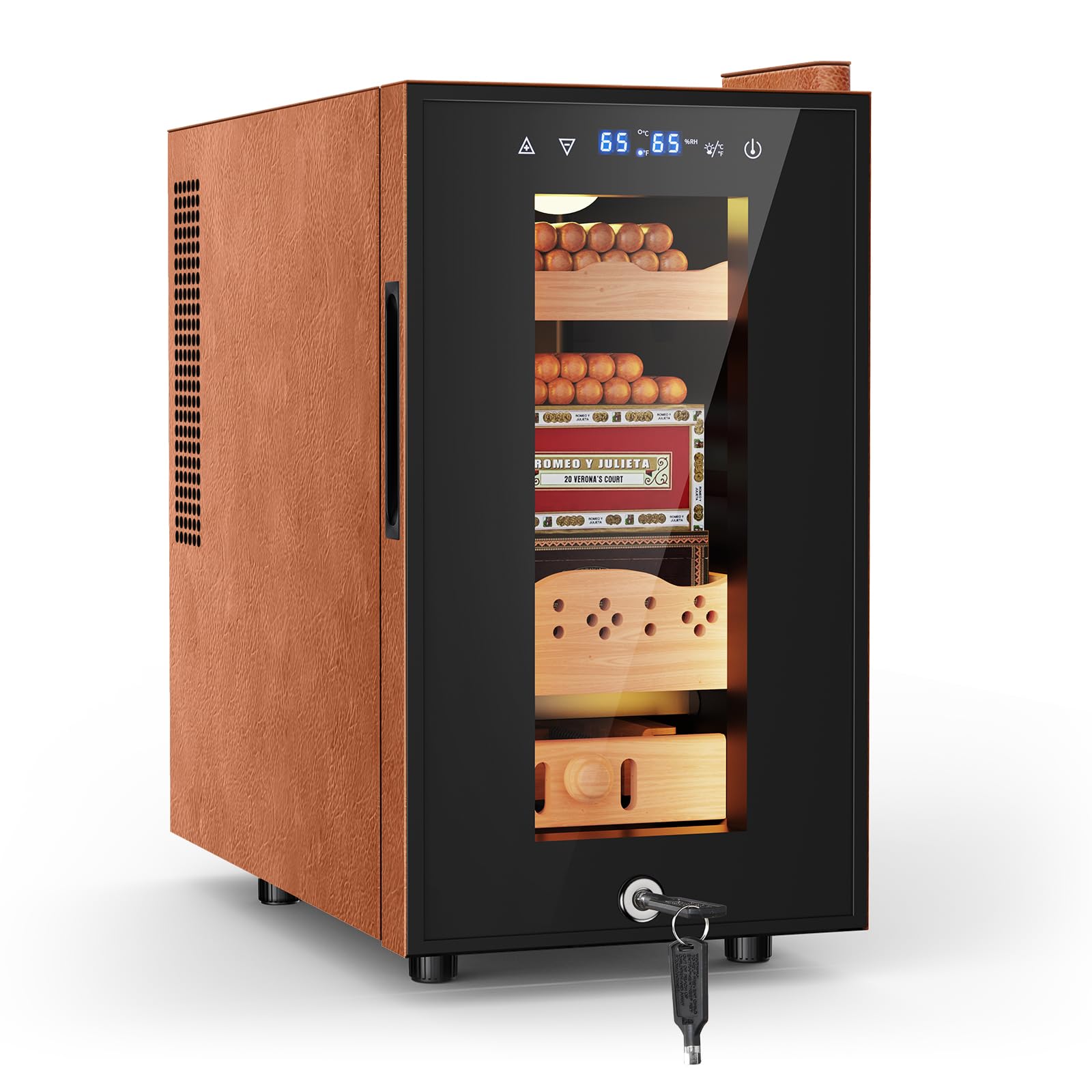 Tylza Leather Trim Cigar Humidor, 25L Cigar Humidor Cabinet with Auto Humidity &amp; Temp Control, 220 Counts, 3 LED Lights, Spanish Cedar Wood, Cigar Humidors with Safety Lock, Gifts for Men