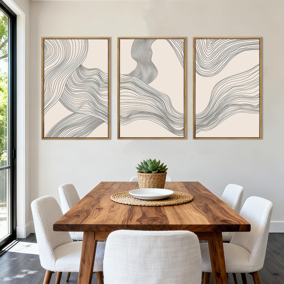 Beige Abstract Wall Art Framed Neutral Modern Canvas Wall Decor Minimalist Line Wave Painting16x24 Inch Pictures Set of 3 for Living Room Bedroom Dining Room