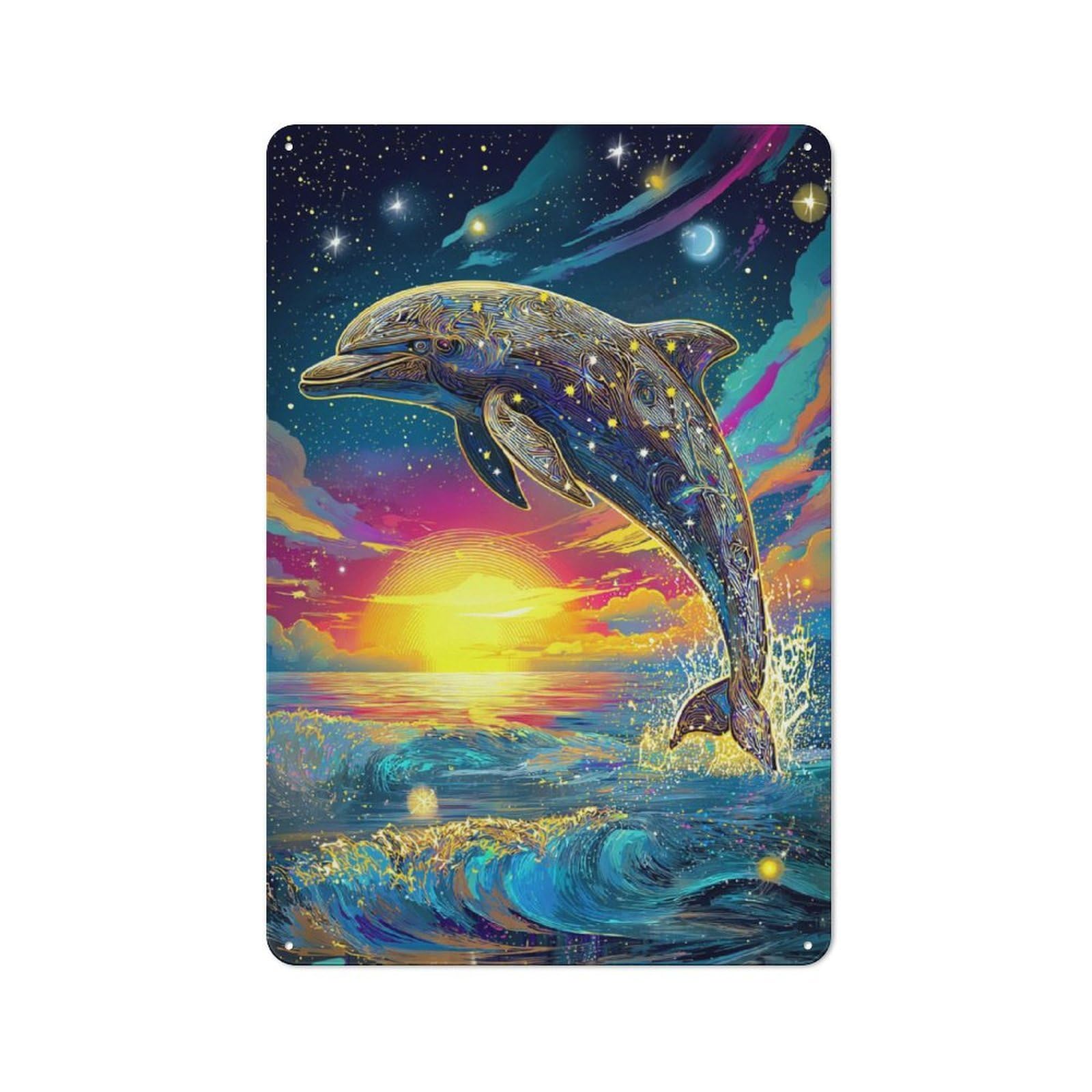 Junmoney Dolphin Dance In Starry Sky Metal Wall Plaque With Design 30X20cm, Retro Novelty Wall Art For Bedroom, Kitchen, Office Or Living Room