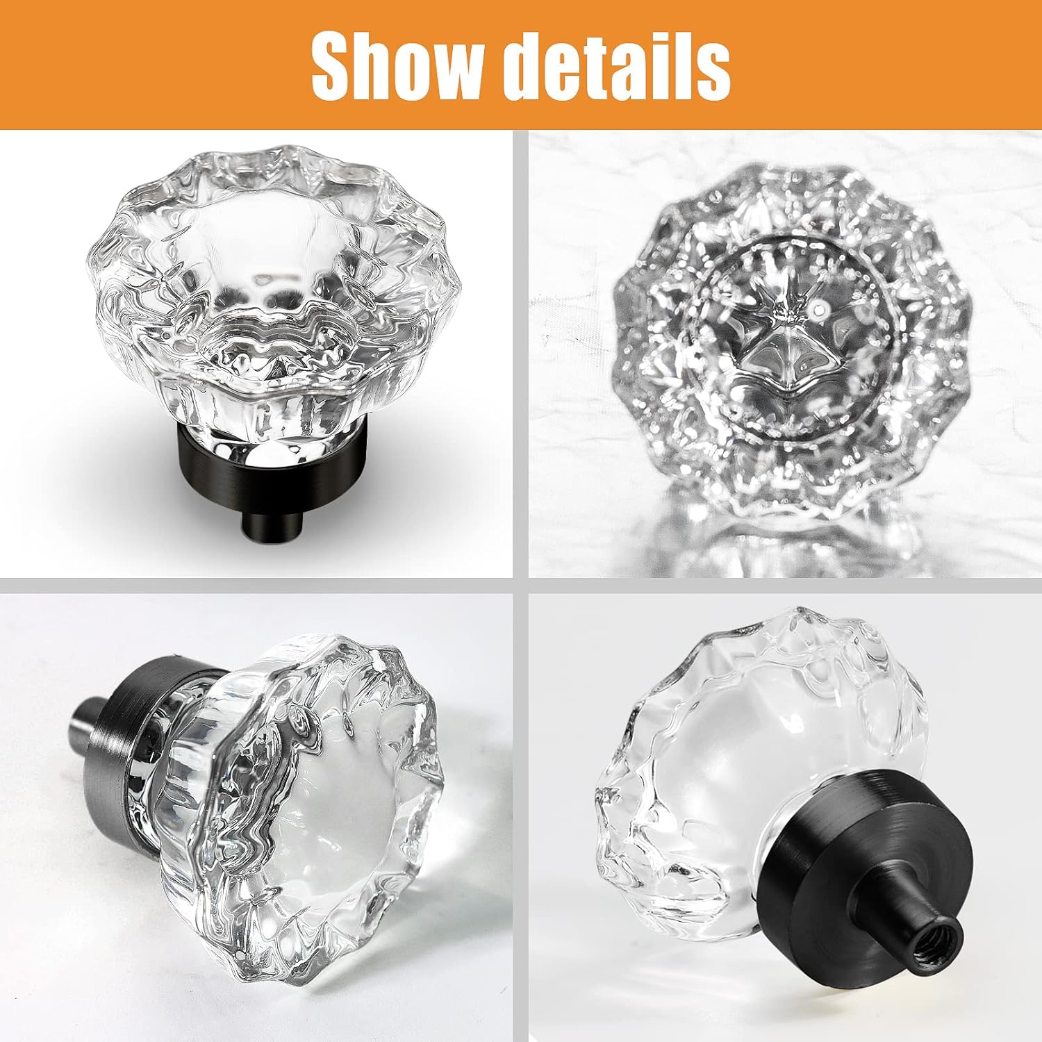 VEHCIL Crystal Cabinet Knobs, 8 Pack Vintage Cabinet Dresser Knob,Single Hole Matte Black Decorative Drawer Handles, Glass Knobs for Cabinets, Kitchen Cupboard Bathroom, Round Flower Design