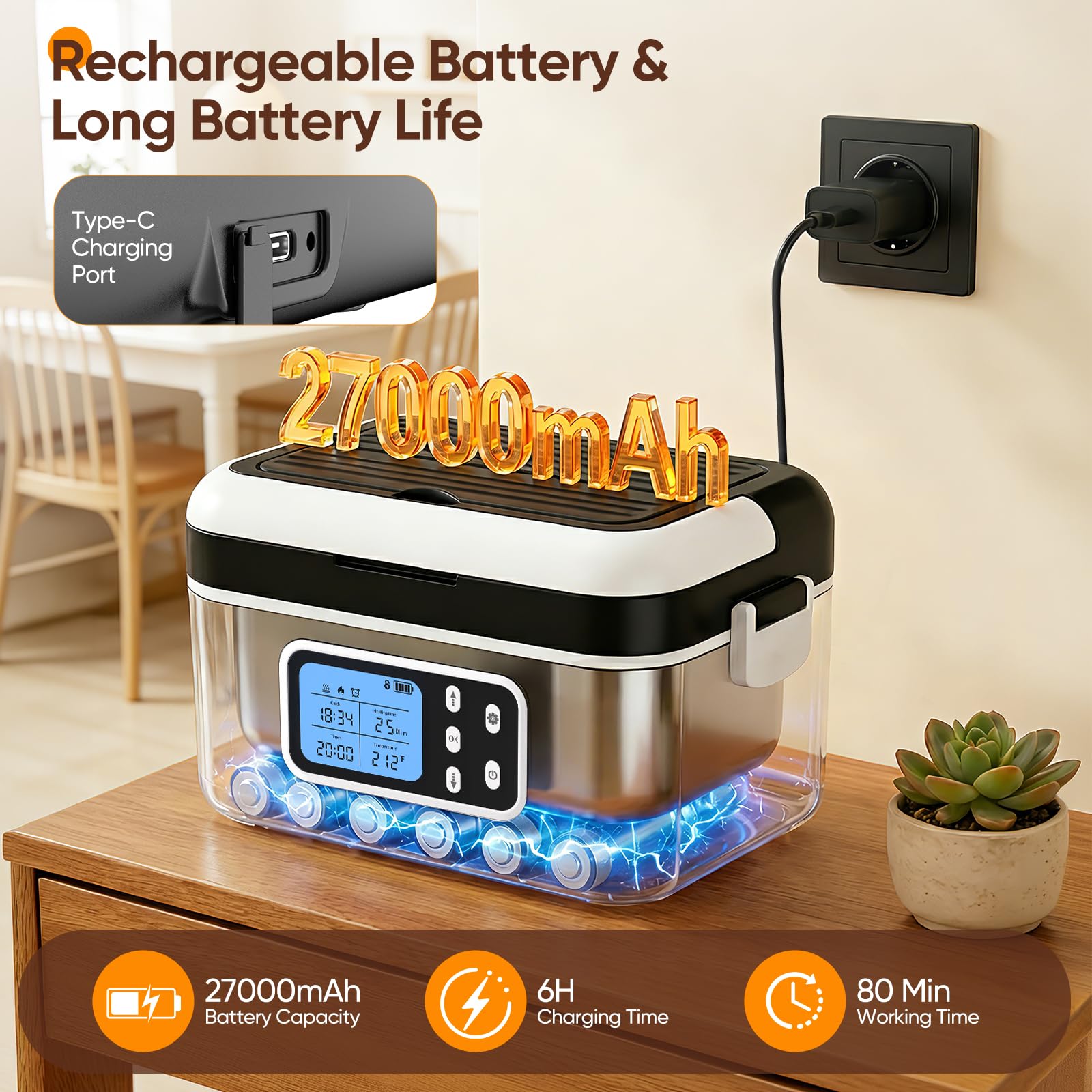 Elektrische Heiz-Lunchbox, 1,5L Tragbare Akku-Lunchbox mit Smart Timer, 6 Temperaturstufen & Edelstahl Innenraum