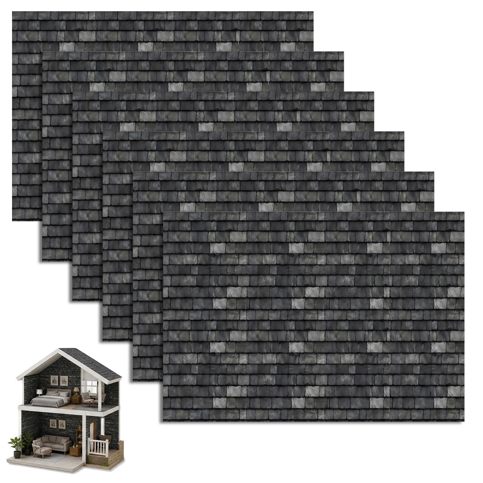 6 Sheets Miniature Dolls House Wallpaper, Self-Adhesive Black Brick Wallpaper for Wall Cladding & Flooring, Realistic Brick Tiles Stickers for Dolls House Accessories (21x29cm)